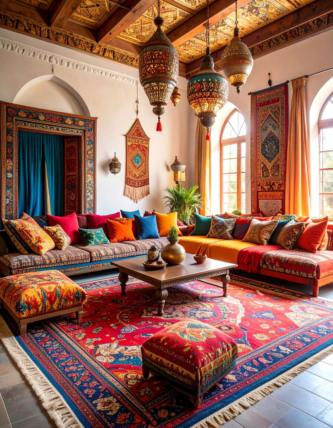 Bohemian Castle Living Room with Layered Textiles - 25 Castle Living Room Ideas