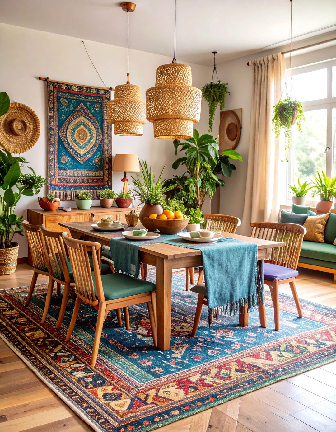 Bohemian Casual Dining Room with Layered Textiles - 25 Casual Dining Room Ideas