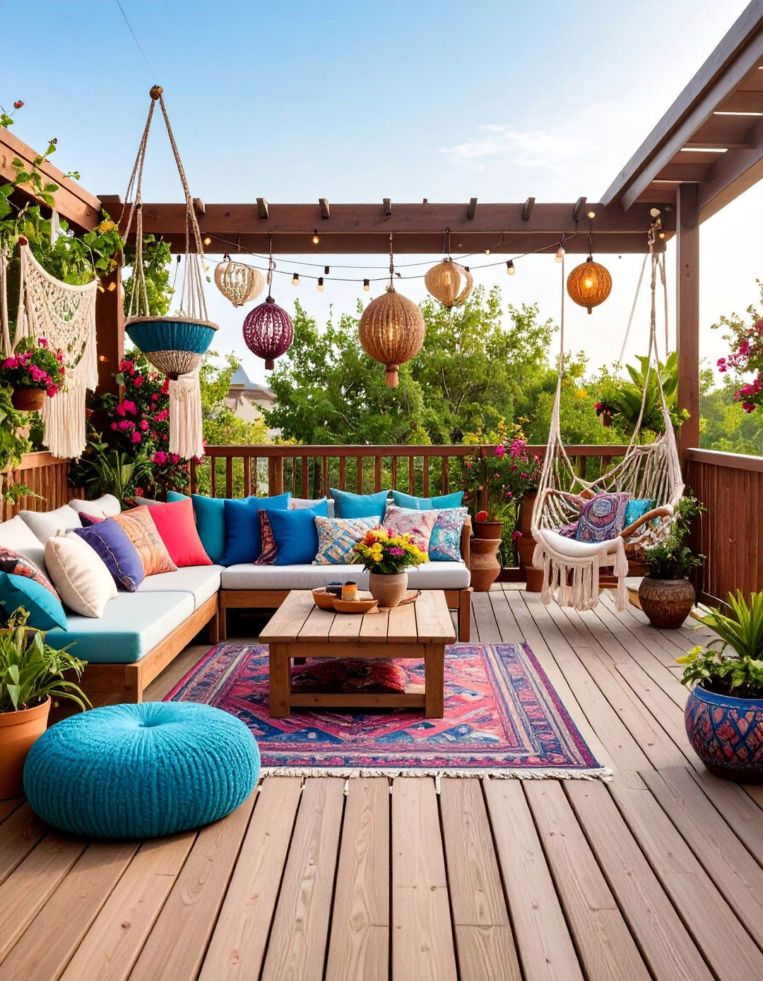 Bohemian Deck with Layered Textiles and Colors - 25 Deck Decorating Ideas