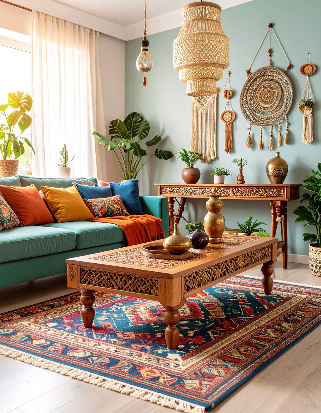 Bohemian Eclectic Console with Global Textures - 25 Sofa Table Decor Ideas