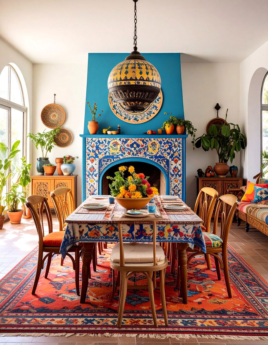 Bohemian Eclectic Fireplace with Colorful Tiles - 25 Dining Room With Fireplace