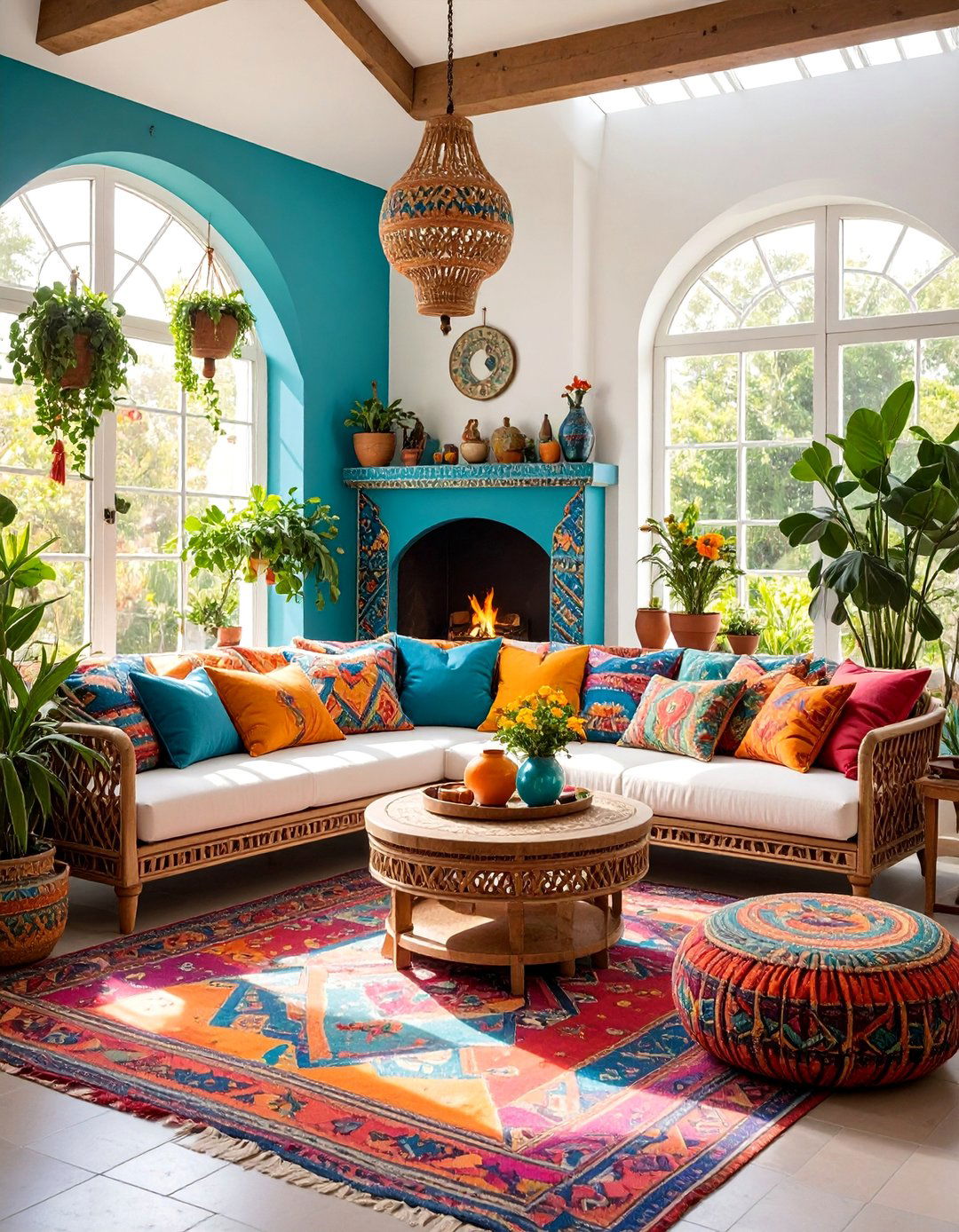 Bohemian Eclectic Fireplace with Layered Textiles and Global Accents - 25 Sunroom With Fireplace Ideas