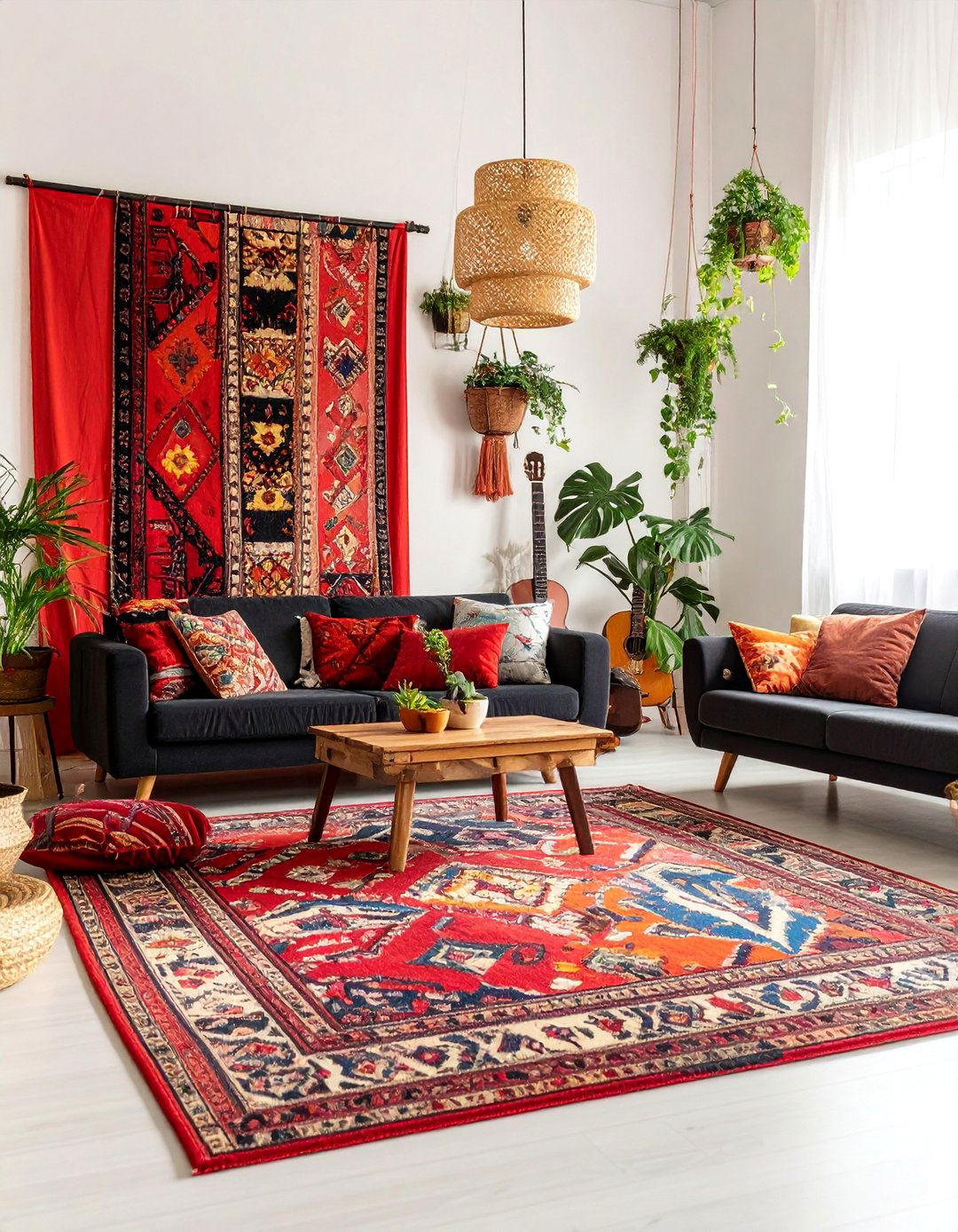 Bohemian Eclectic Living Room with Red Tapestries and Black Furniture - 25 Black and Red Living Room Ideas