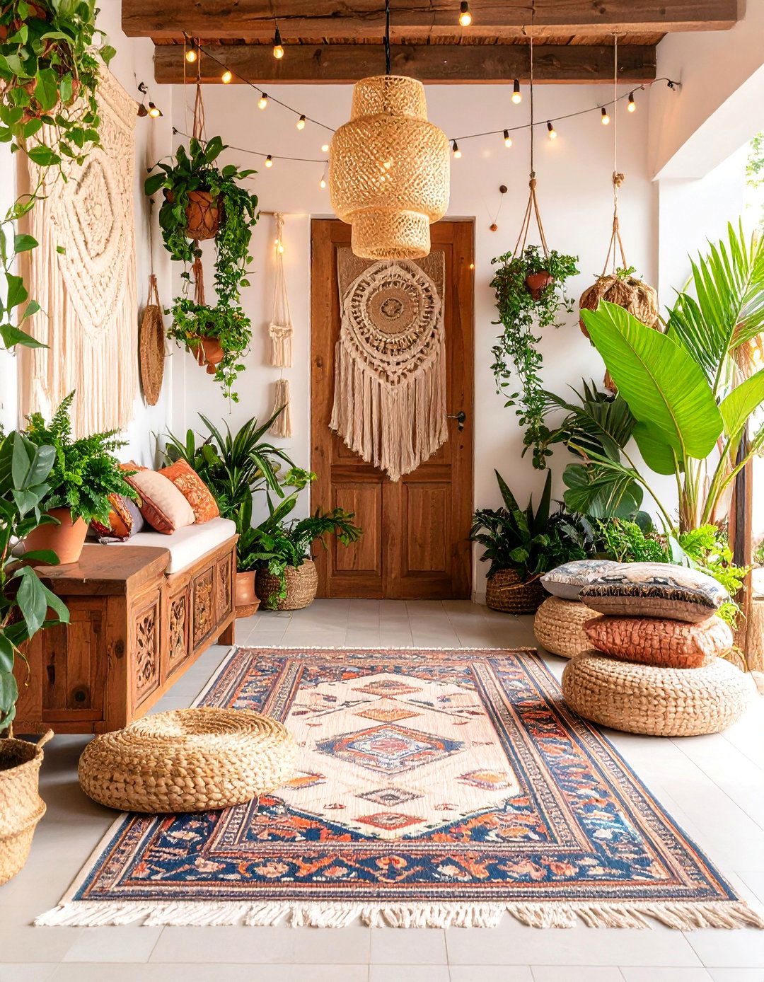 Bohemian Entryway with Layered Textiles and Plants - 25 Entryway Ideas