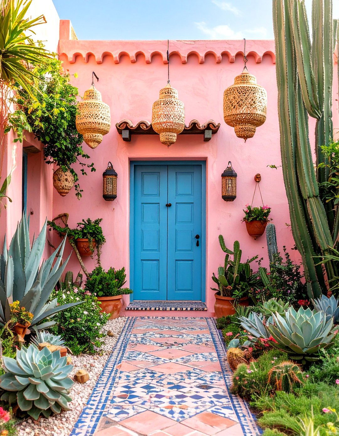 Bohemian Faded Pink House Exterior with Mosaic Entryway - 25 Pink House Exterior Ideas