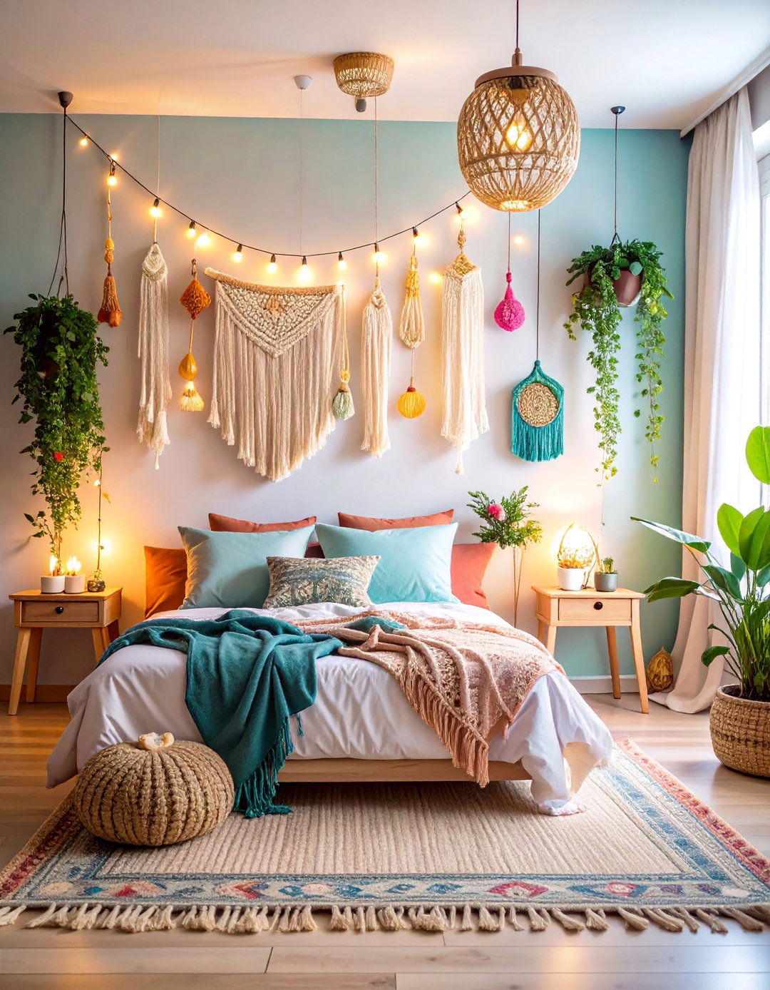 Bohemian Fairy Light Wall - 25 Small Bedroom Lighting Ideas