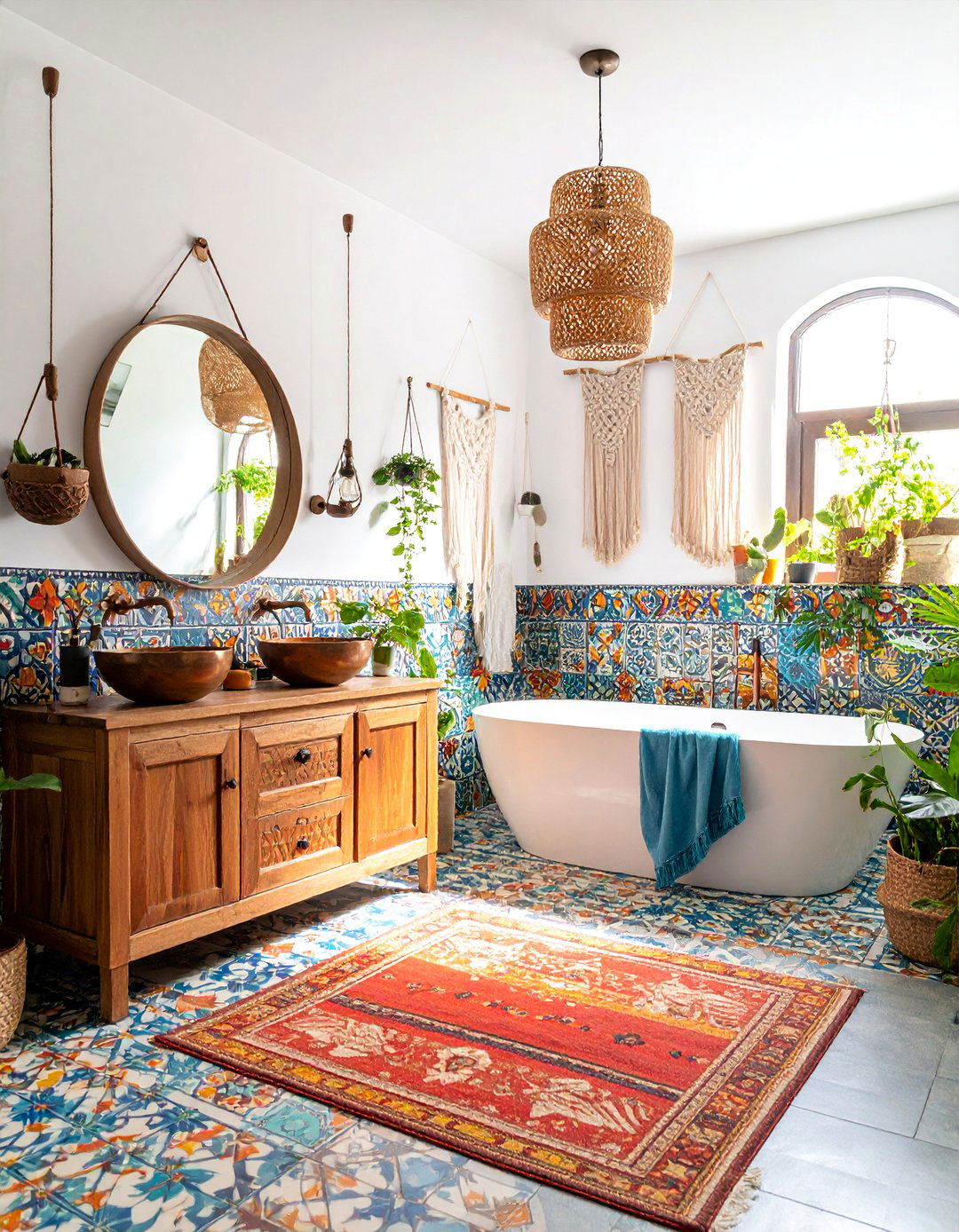 Bohemian Family Bathroom with Colorful Tiles and Textiles - 25 Family Bathroom Ideas
