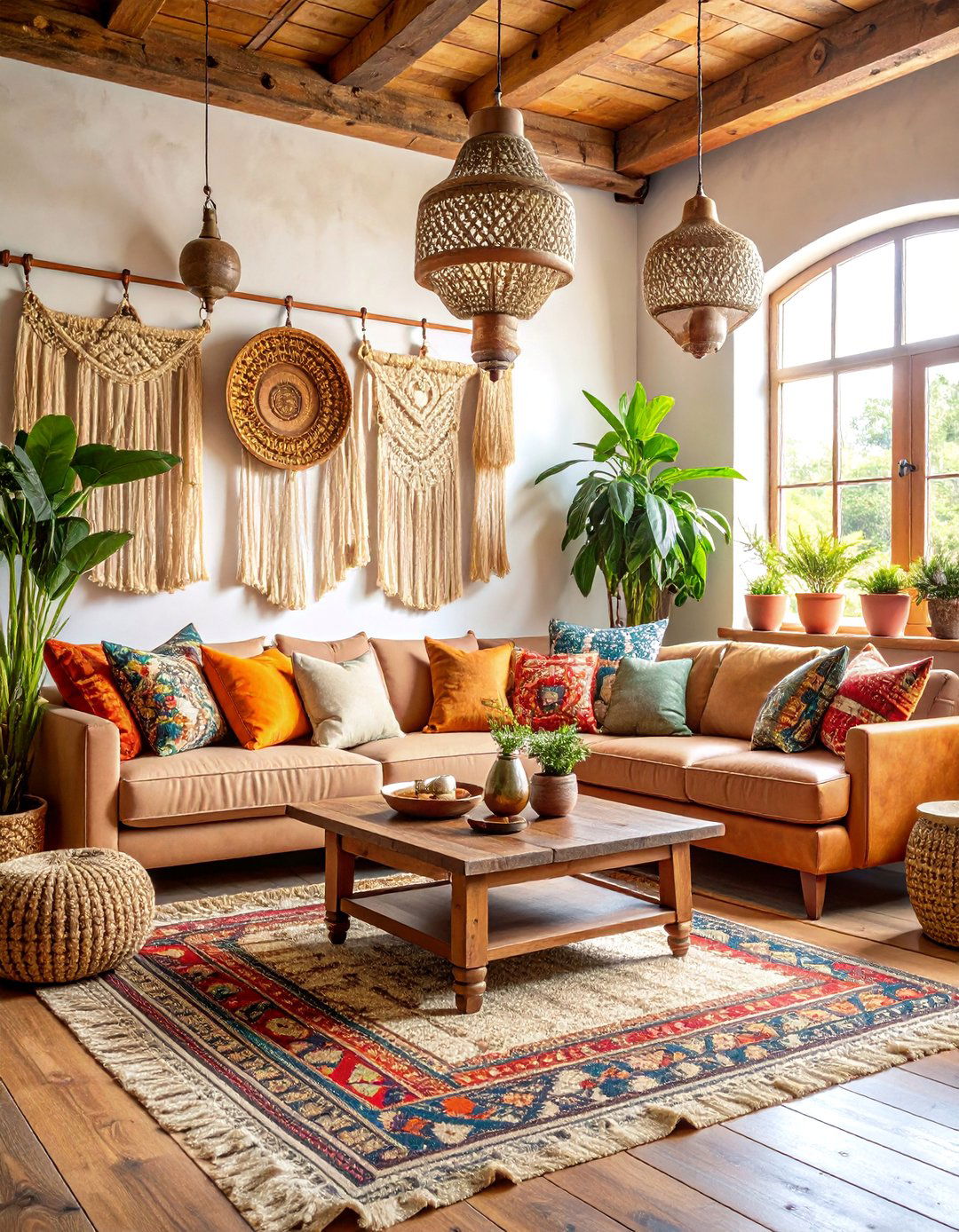 Bohemian Farmhouse Living Room with Layered Textiles - 25 Eclectic Interior Design Ideas