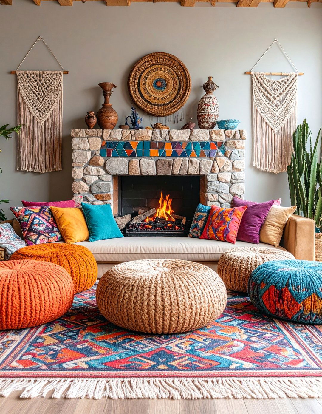 Bohemian Faux Stone Fireplace with Mosaic Tile Inlay - 25 Faux Stone Fireplace Ideas