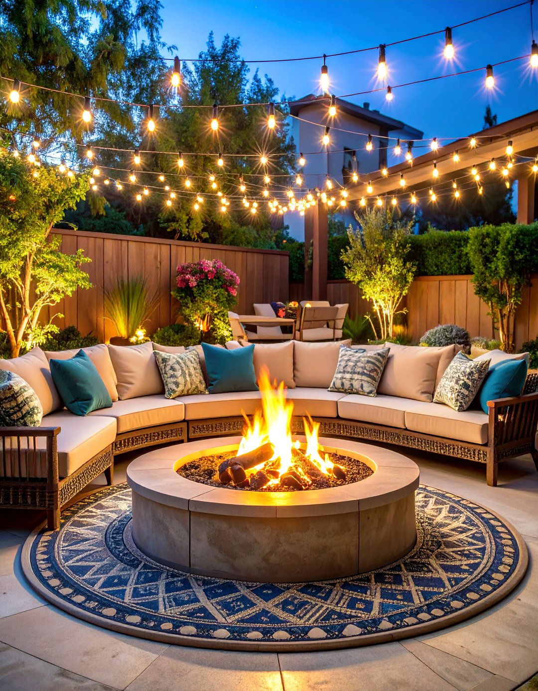 Bohemian Fire Pit Patio with Circle Seating - 25 Boho Patio Ideas