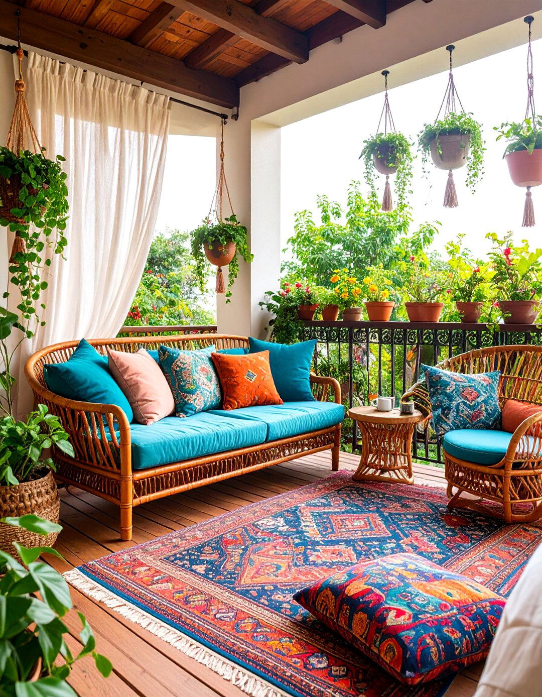 Bohemian French Balcony with Layered Textiles and Eclectic Plants - 25 French Balcony Ideas