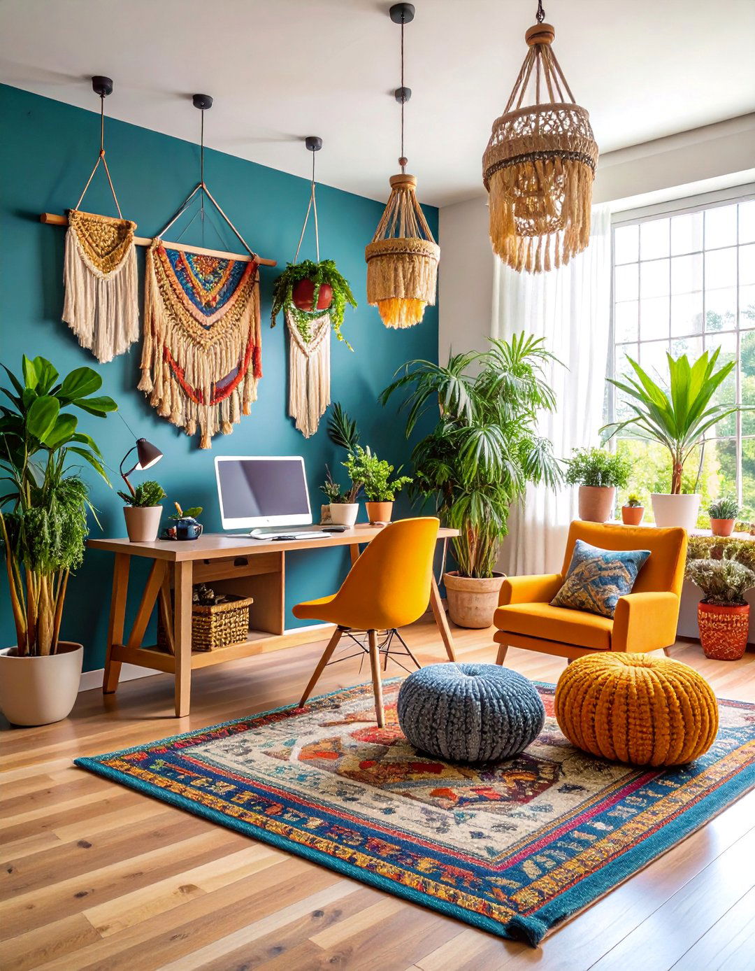 Bohemian Green Eclectic Workspace - 25 Green Home Office Ideas