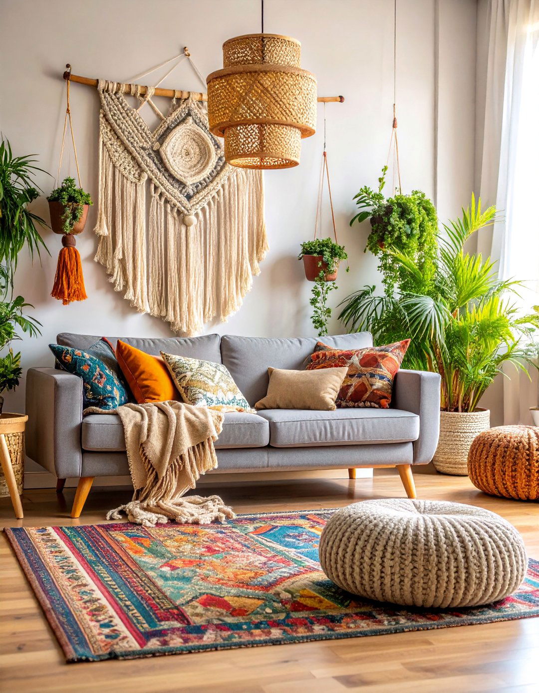 Bohemian Grey Couch Living Room with Layered Textiles - 25 Grey Couch Living Room Ideas