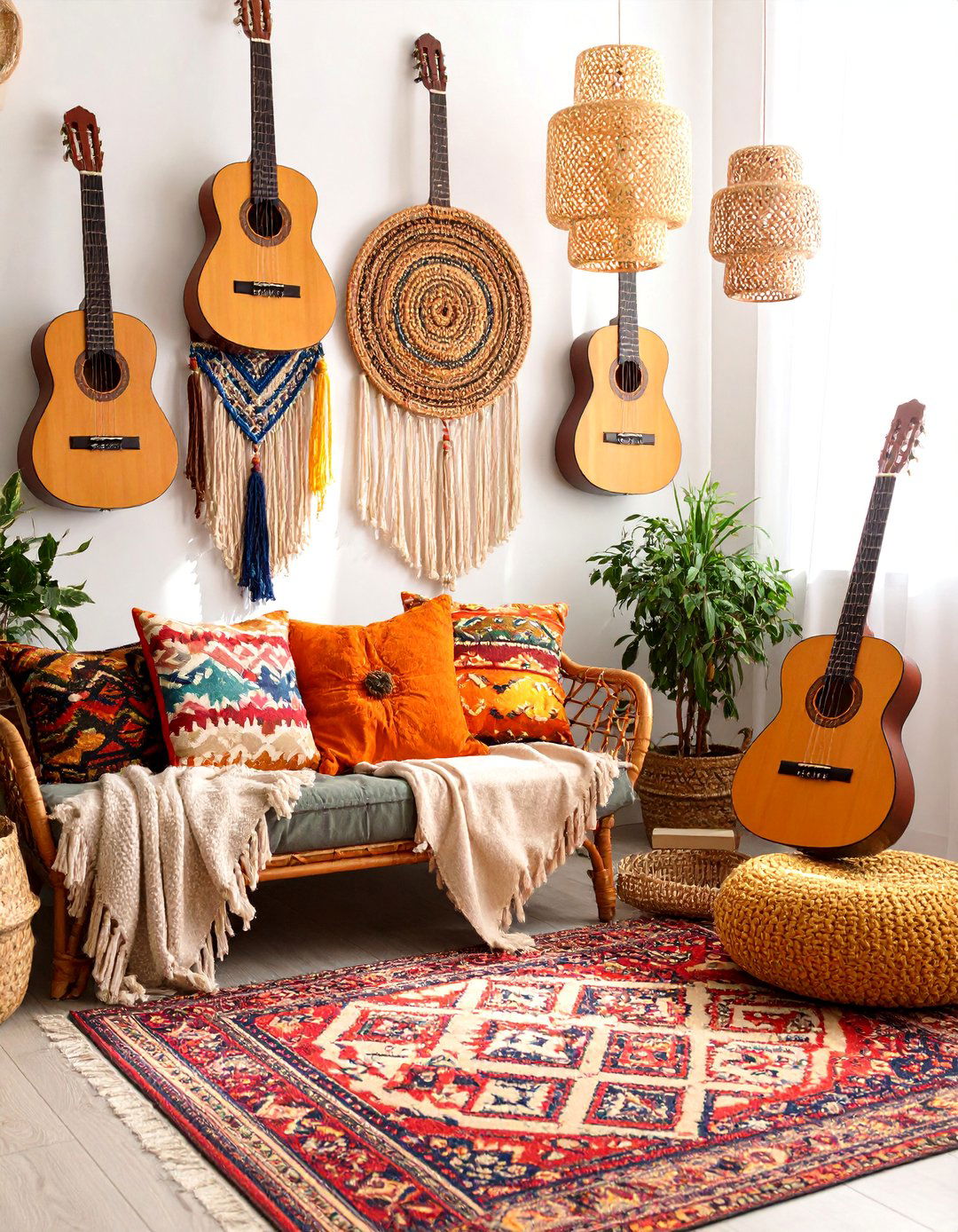 Bohemian Guitar Sanctuary with Macrame and Plants - 25 Music Room Ideas