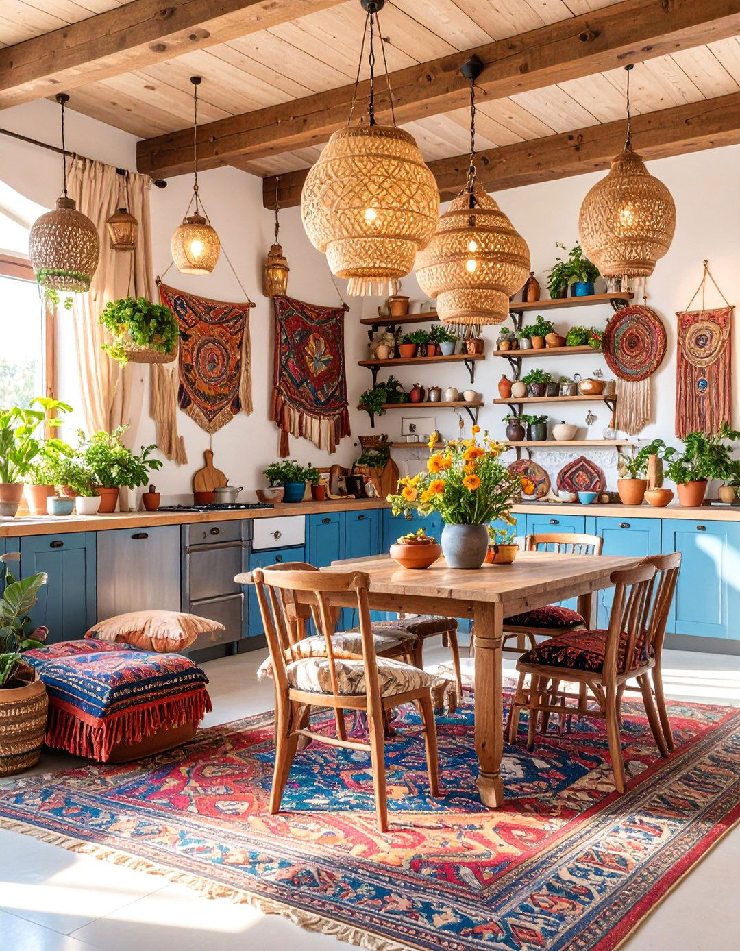 Bohemian Kitchen with Global Textiles and Eclectic Seating - 25 Eat in Kitchen Ideas