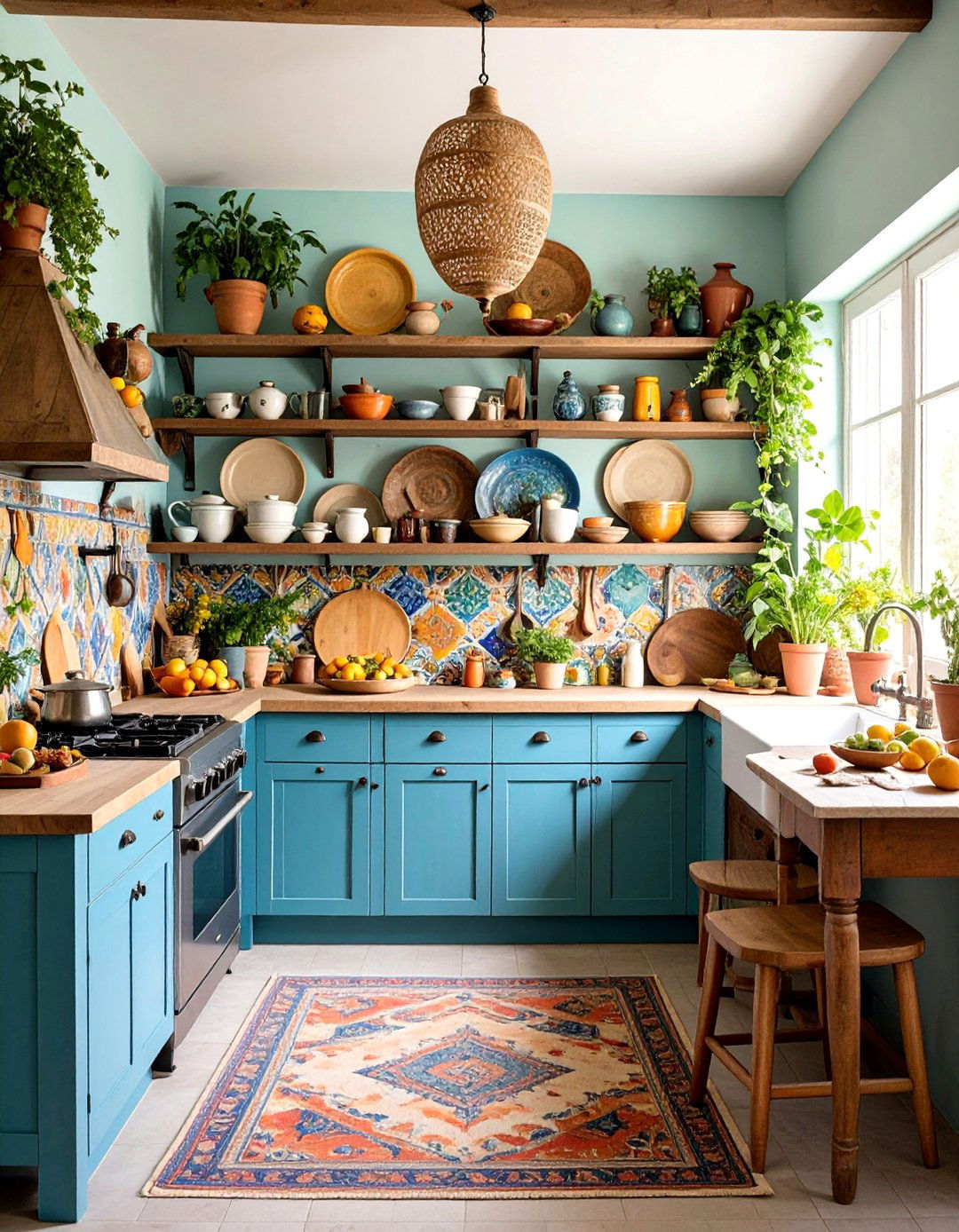 Bohemian Kitchen with Layered Open Shelving - 25 Kitchens Without Upper Cabinets
