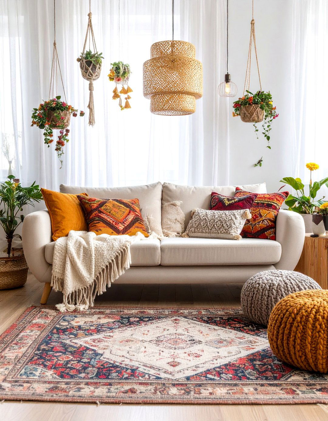 Bohemian Layered Beige Living Room with Global Textiles - 25 Beige Couch Living Room Ideas