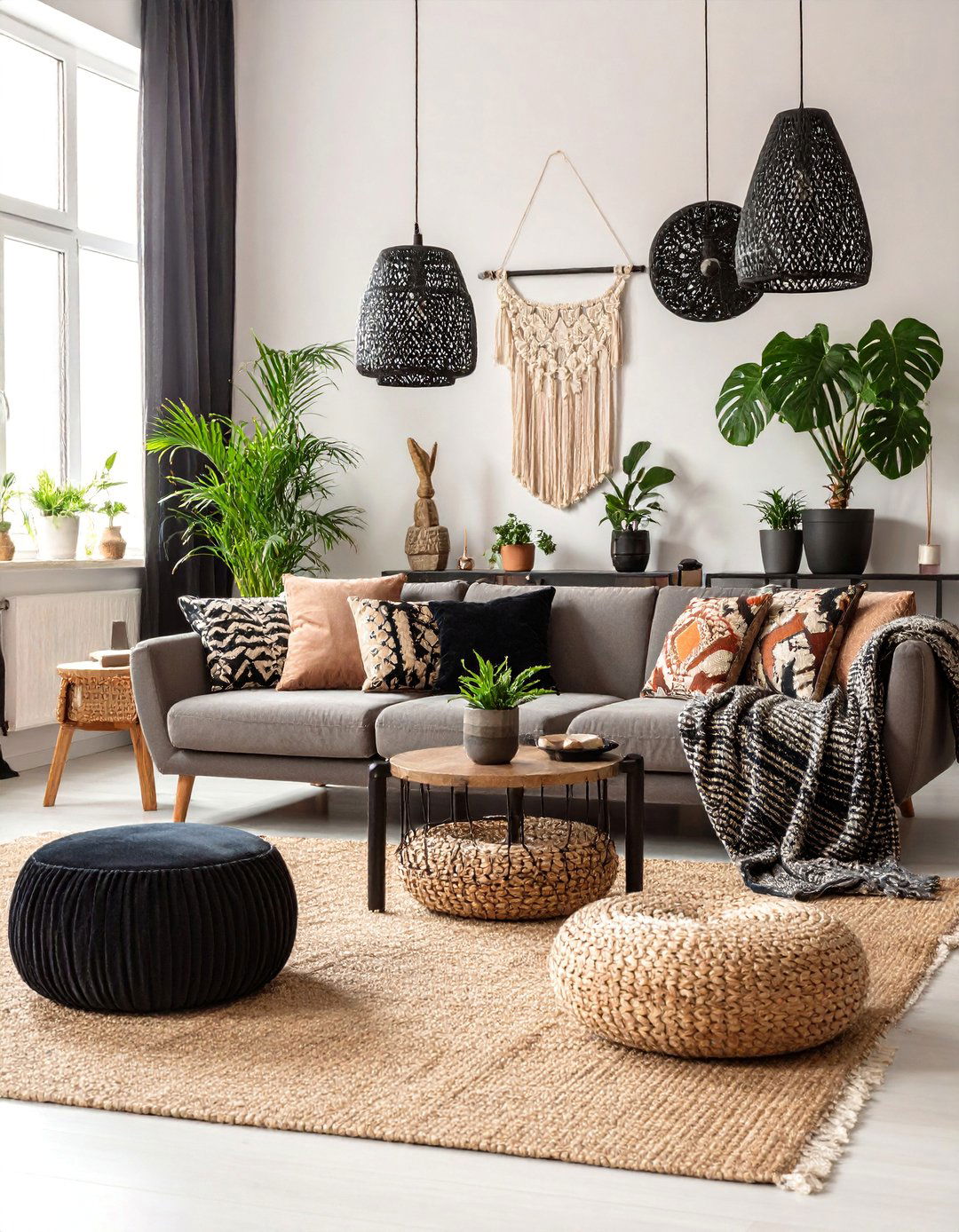 Bohemian Layered Black and Beige Living Room - 25 Black and Beige Living Room Ideas