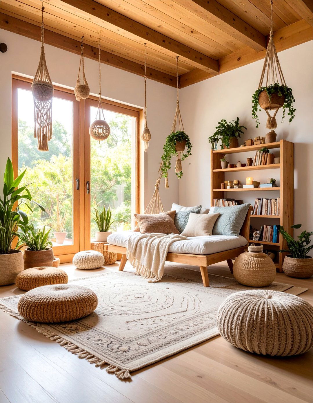 Bohemian Library Meditation Nook with Spiritual Books - 25 Boho Meditation Room Ideas