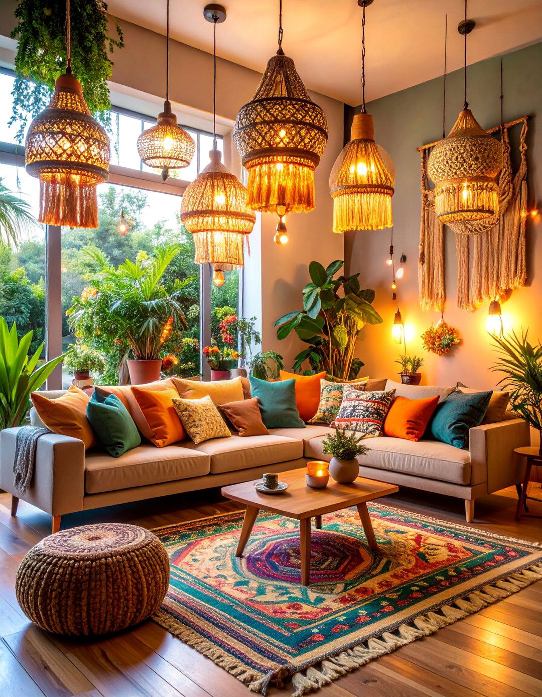 Bohemian Living Room with Eclectic Mixed Lighting Styles - 25 Living Room Lighting Ideas