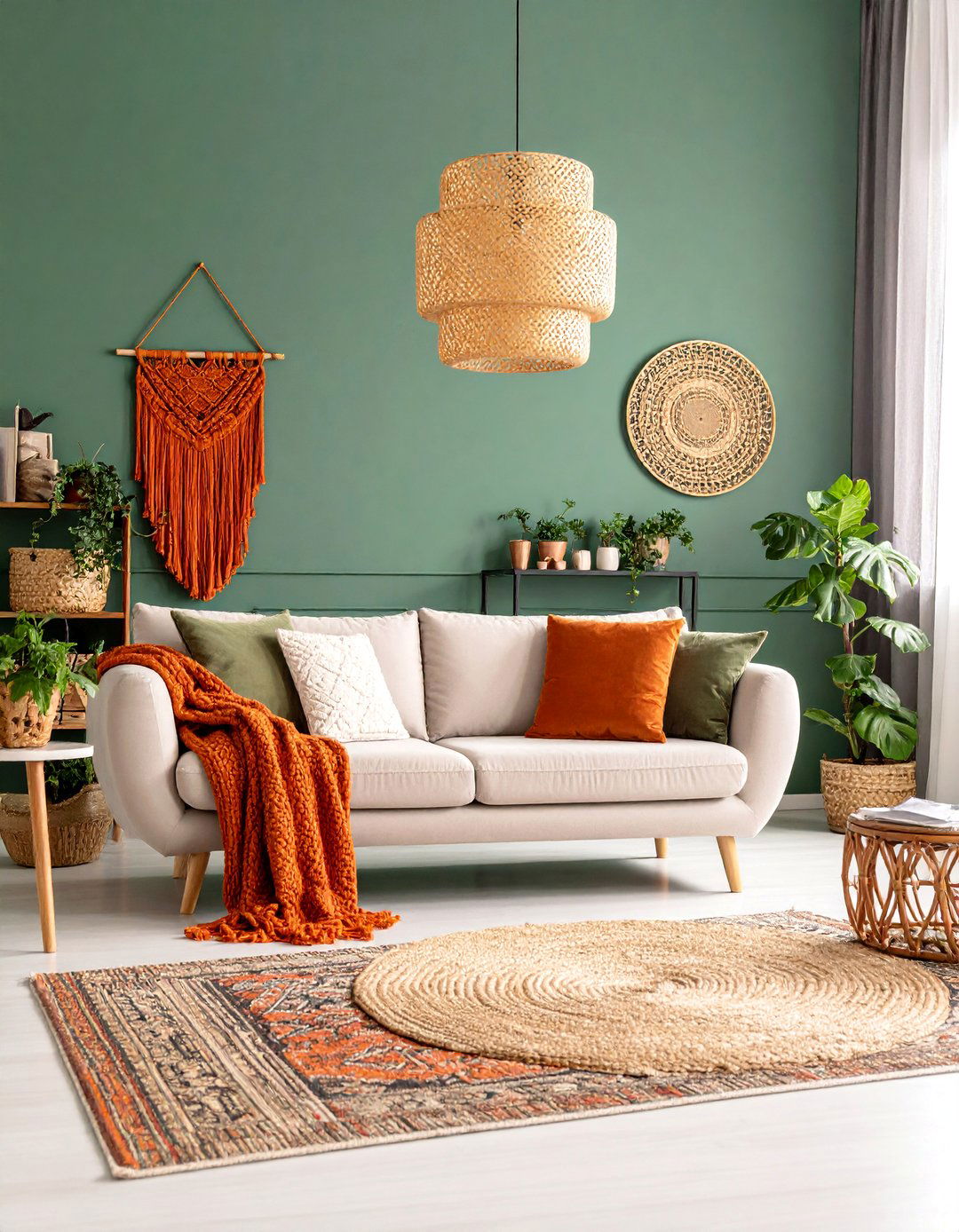 Bohemian Living Room with Forest Green and Terracotta - 25 Green and Orange Living Room Ideas