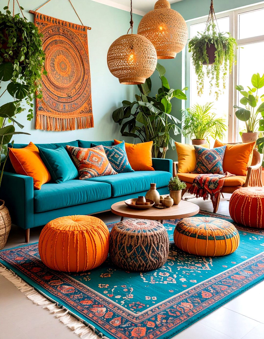 Bohemian Living Room with Global Influences - 25 Teal and Orange Color Scheme for Your Rooms