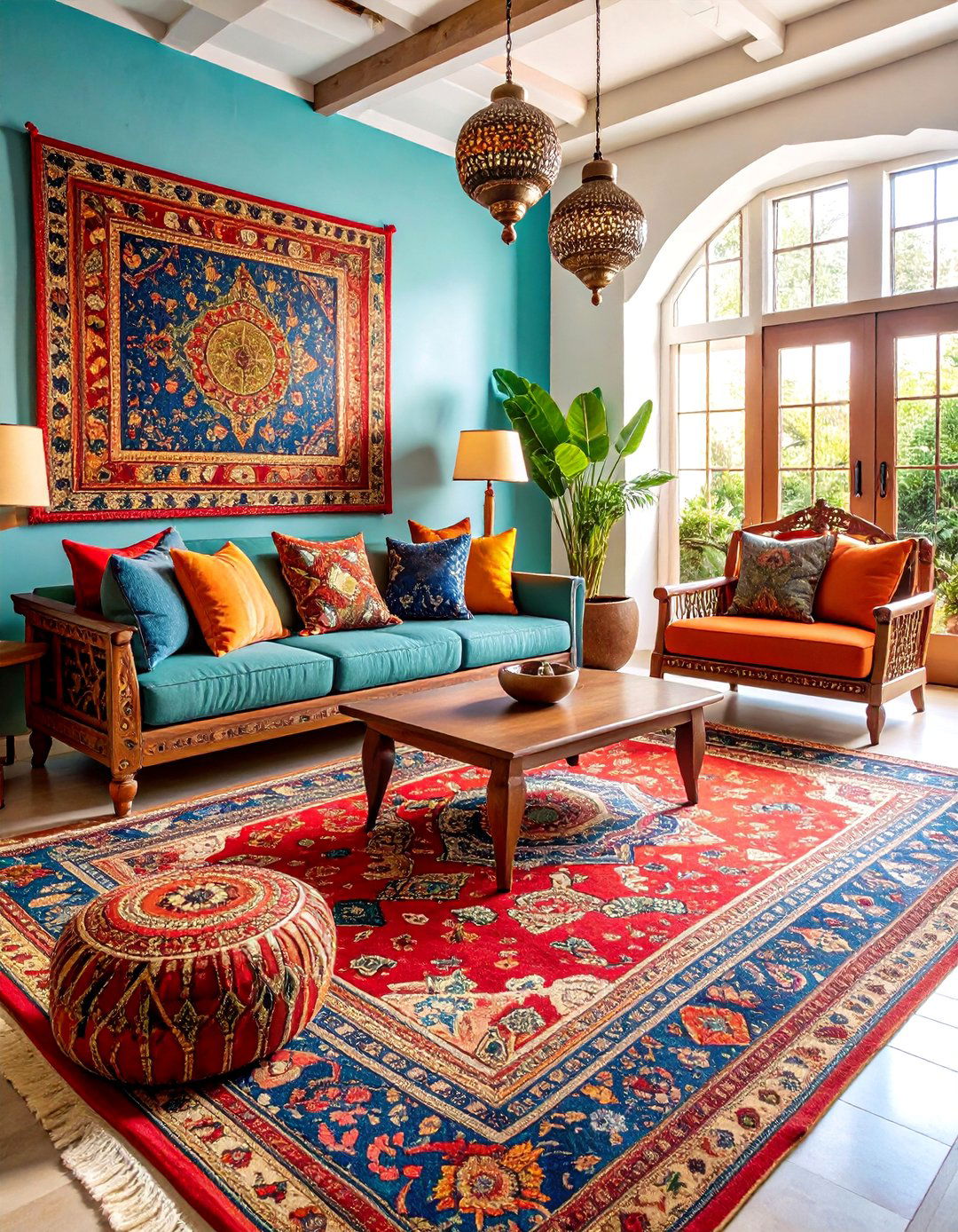 Bohemian Living Room with Layered Persian Rugs - 25 Living Room Rug Ideas