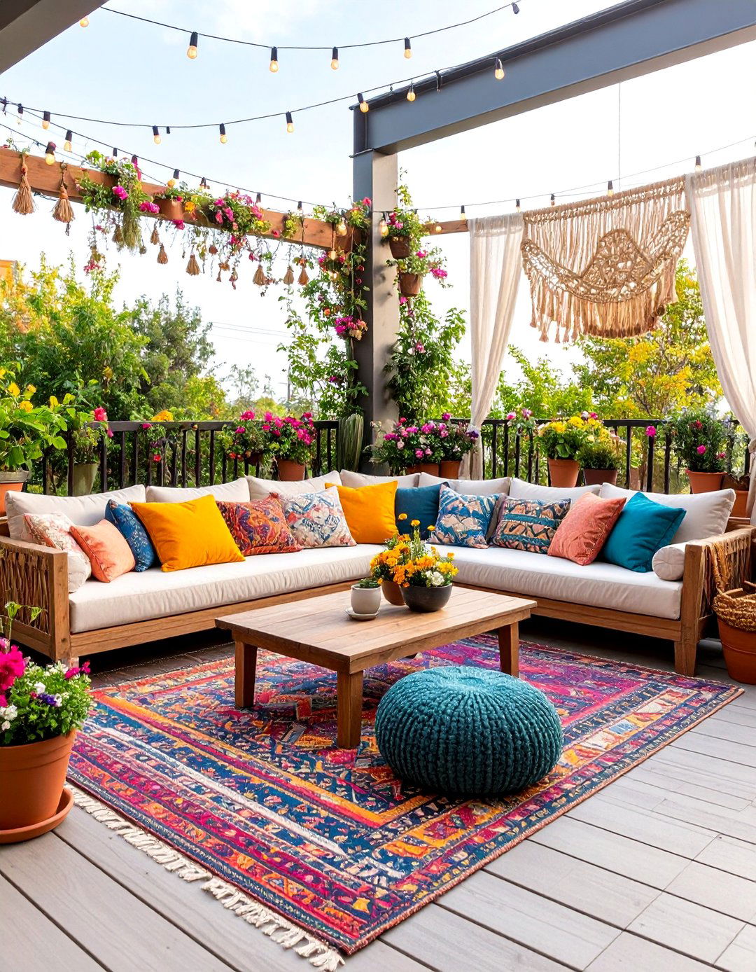 Bohemian Lounge with Layered Textiles and Colors - 25 Balcony Over Garage Ideas