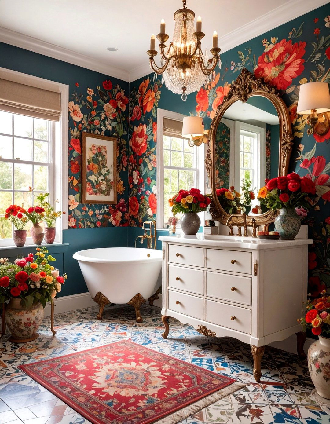 Bohemian Maximalist Powder Room with Bold Wallpaper - 25 Bohemian Maximalist Decor Ideas