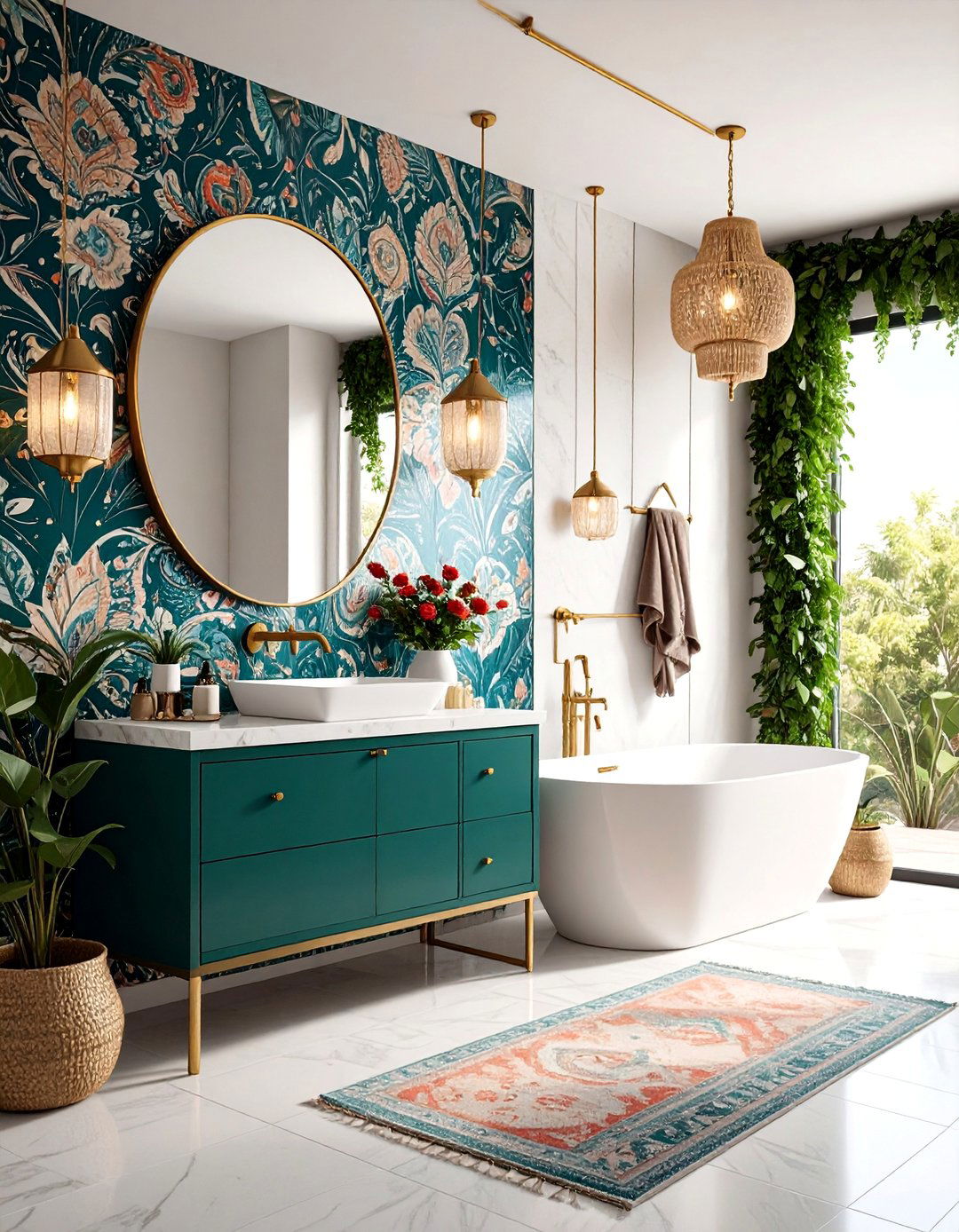 Bohemian Maximalist Powder Room with Jewel Tone Wallpaper - 25 Eclectic Powder Room Ideas