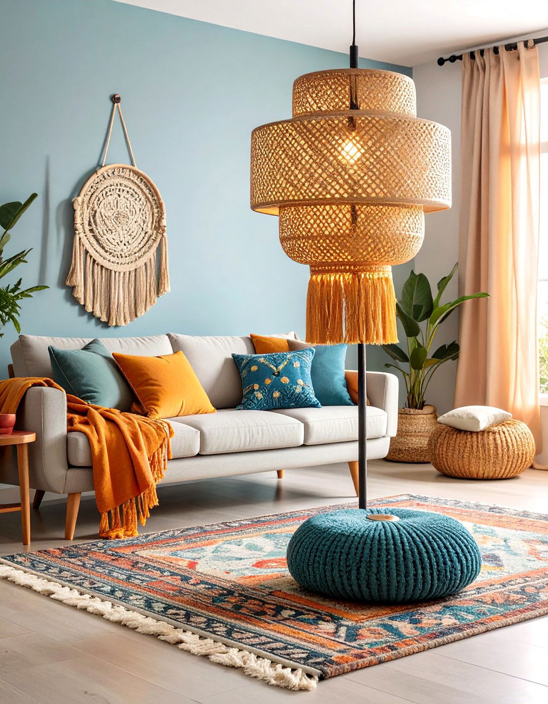 Bohemian Multi Tier Rattan Floor Lamp with Tassel Details - 25 Living Room Floor Lamp Ideas and Inspiration
