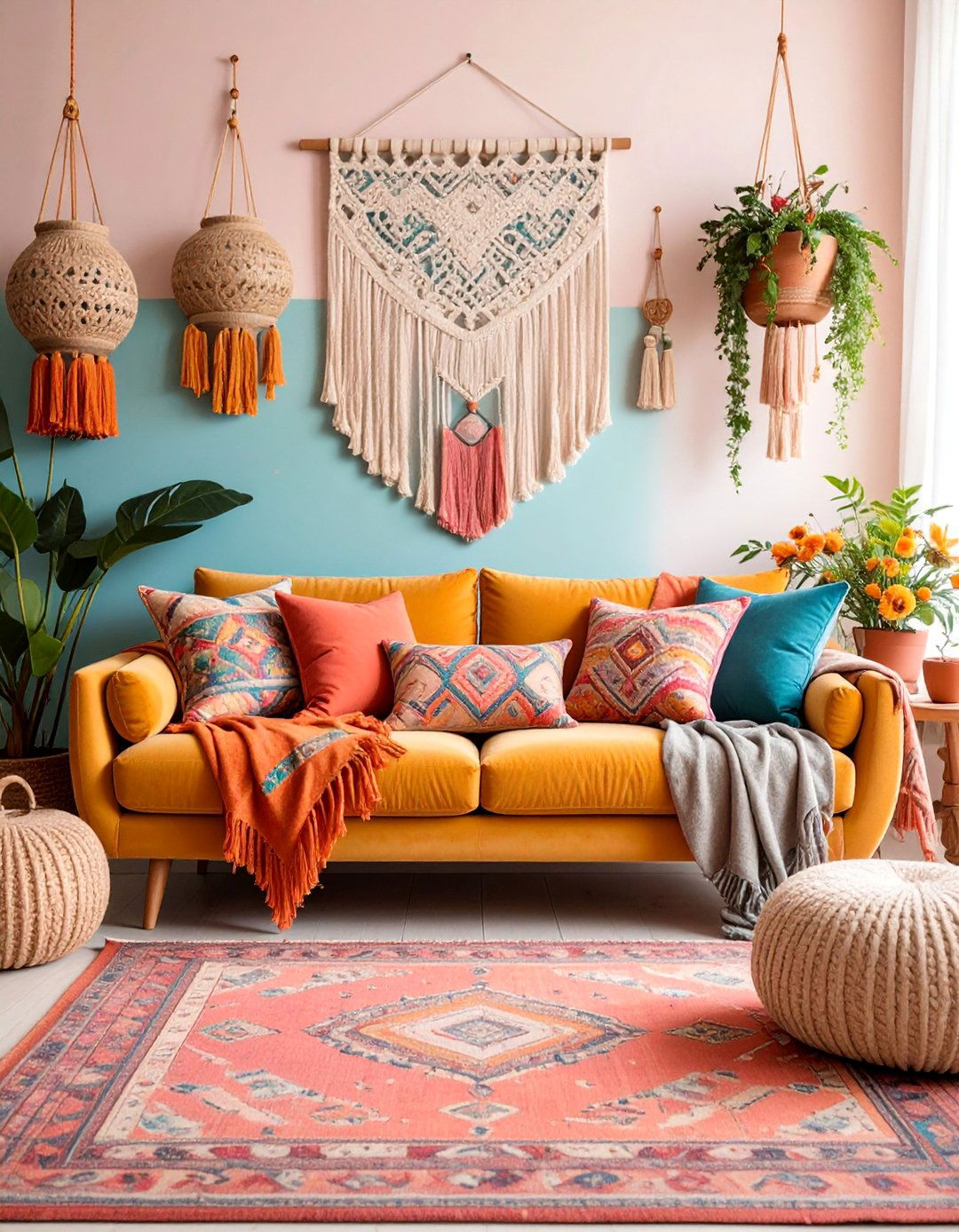 Bohemian Mustard Velvet Couch with Layered Textiles - 25 Yellow Couch Living Room Ideas