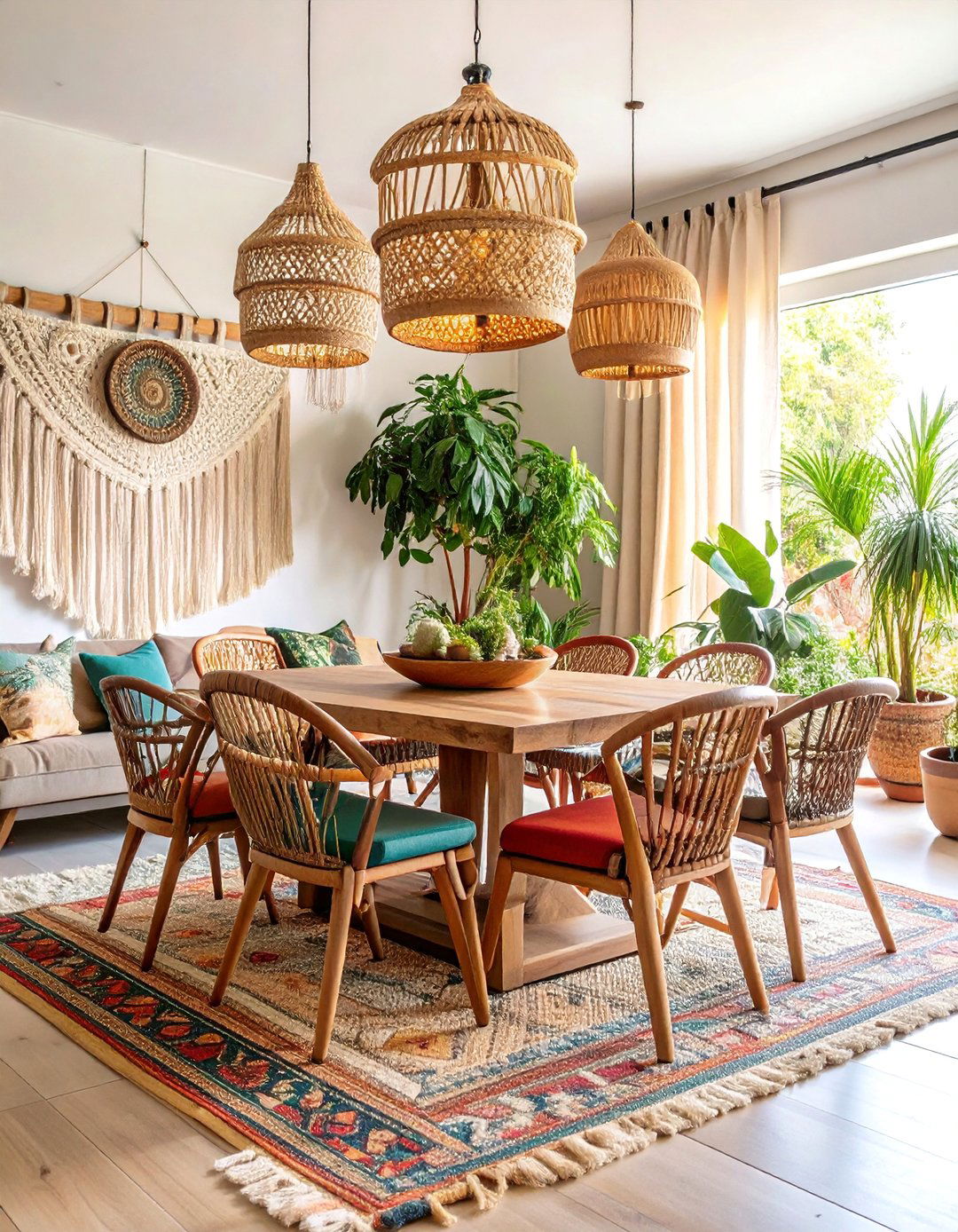 Bohemian Neutral Dining Room with Macrame and Natural Fibers - 25 Neutral Dining Room Ideas