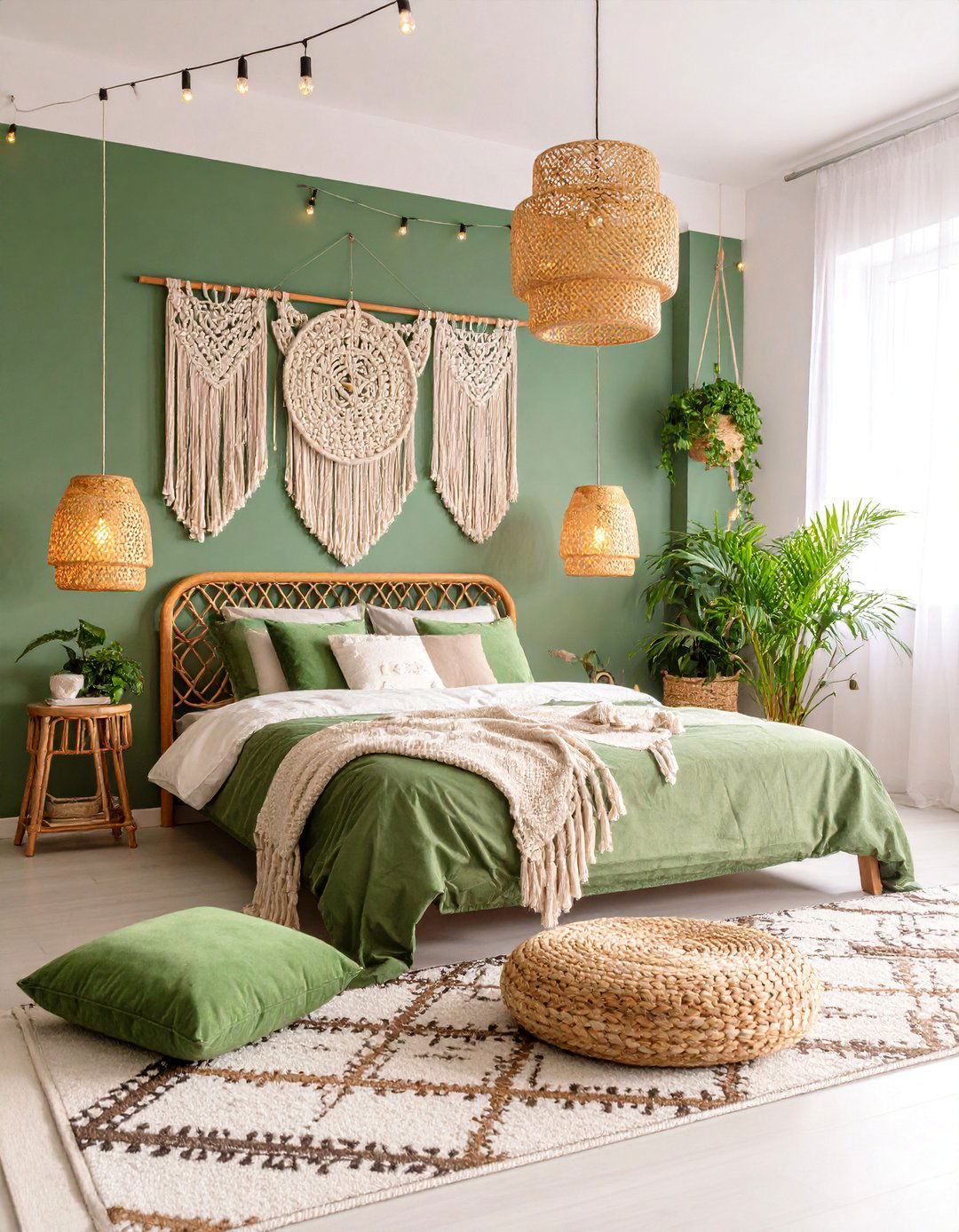 Bohemian Olive Green Bedroom with Macrame Details - 25 Olive Green Bedroom Ideas