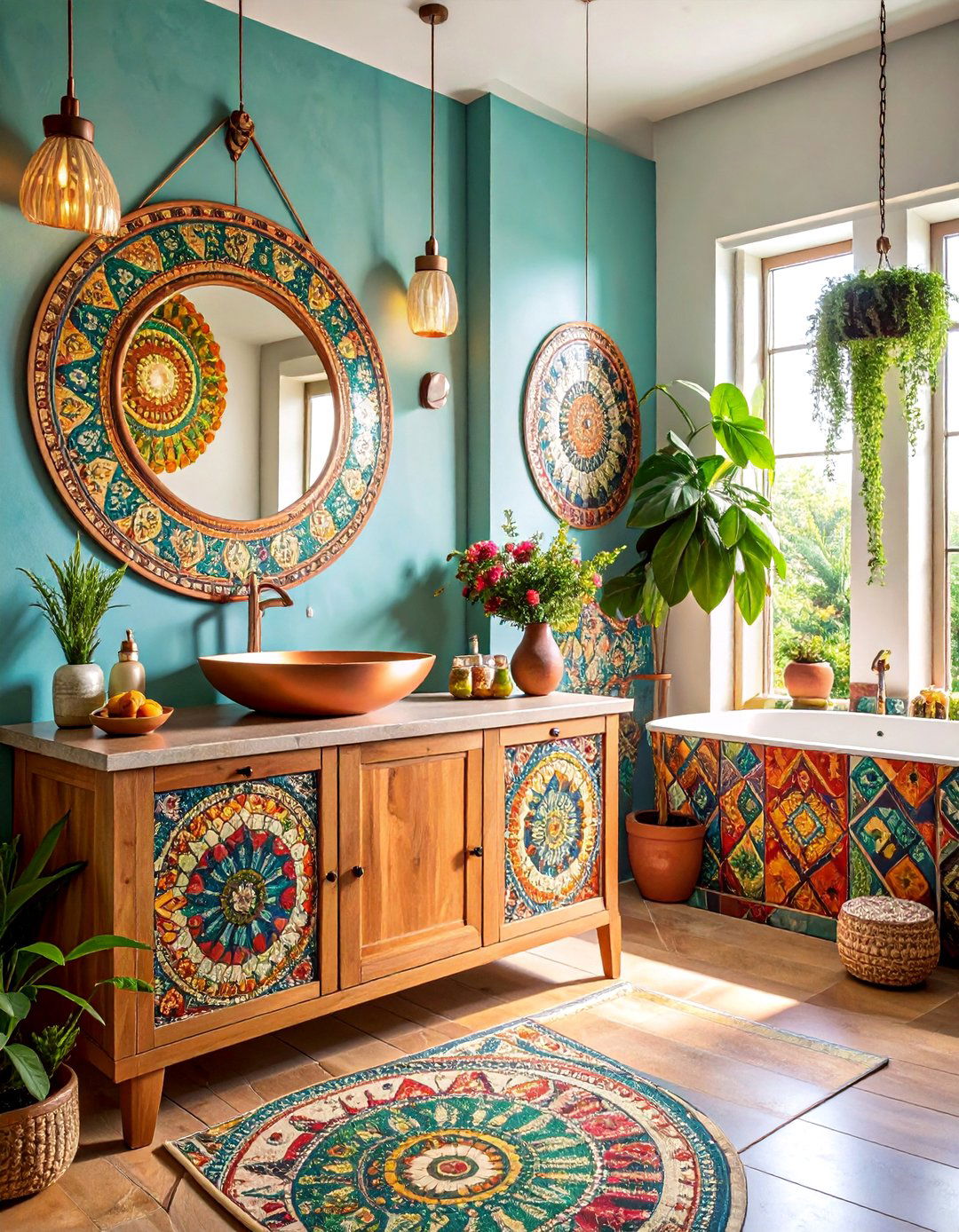 Bohemian Painted Mandala Wood Bathroom Vanity - 25 Wood Bathroom Vanity Ideas