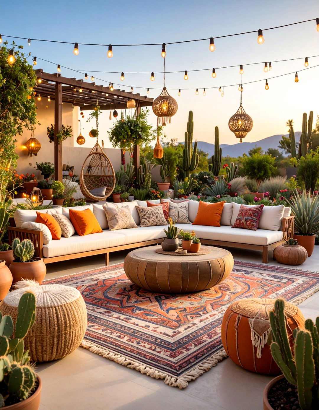 Bohemian Patio Cactus Garden with Textiles - 25 Cactus Garden Ideas