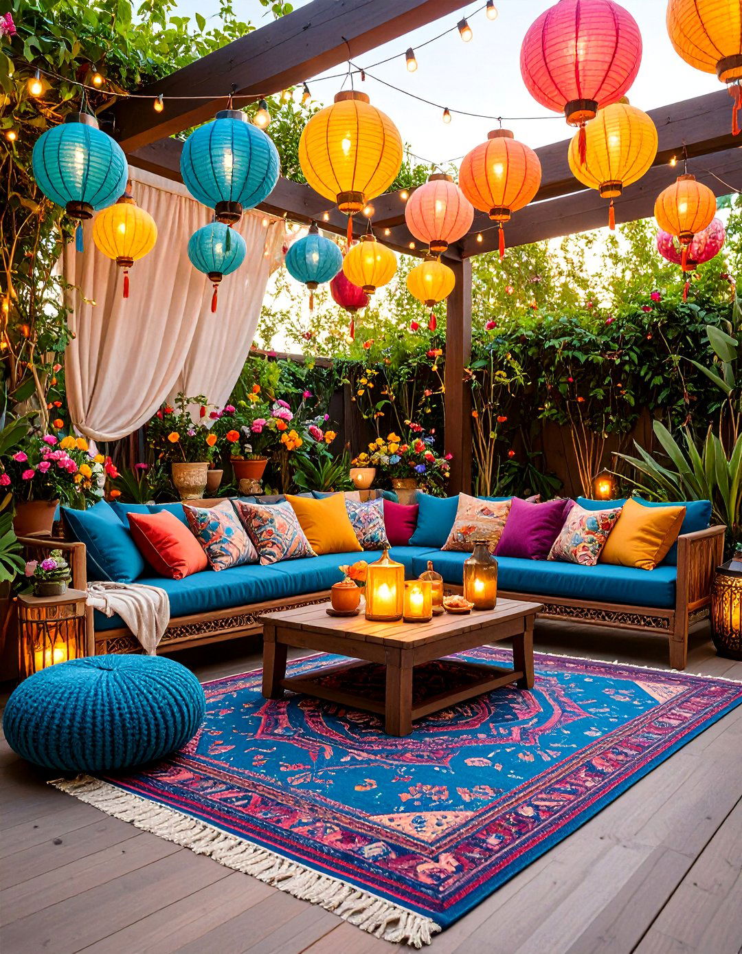 Bohemian Patio Oasis with Colorful Lantern String Lights - 25 Patio String Light Ideas