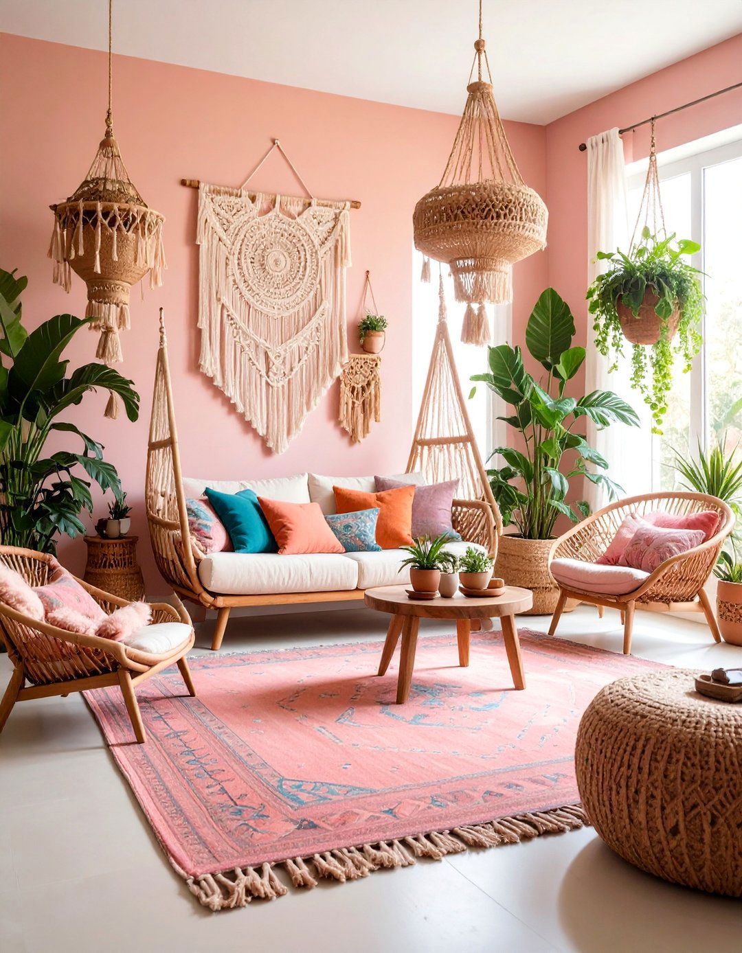 Bohemian Pink Living Room with Layered Textiles - 25 Pink Living Room Ideas