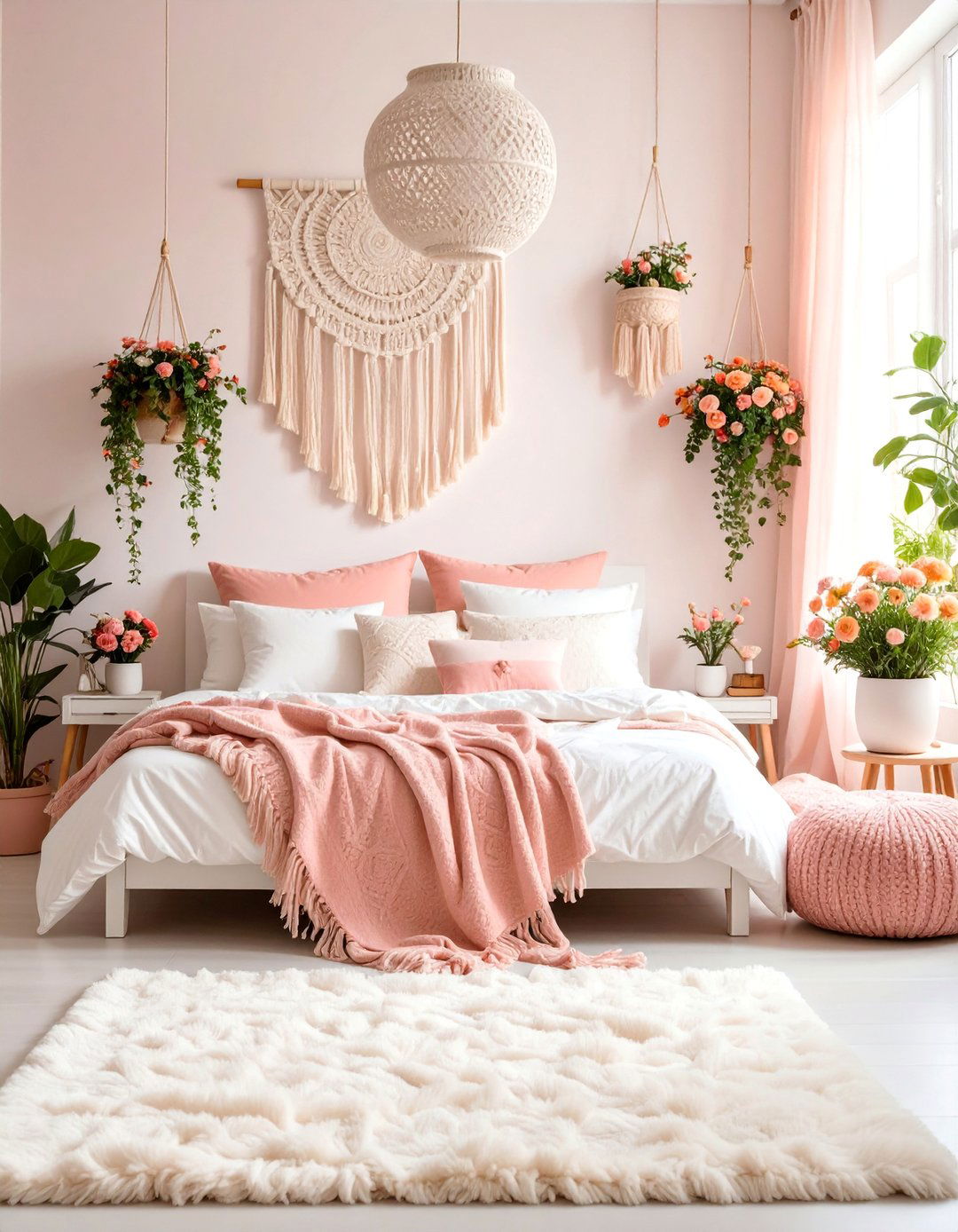 Bohemian Pink and White Bedroom with Layered Textiles - 25 Pink and White Bedroom Ideas