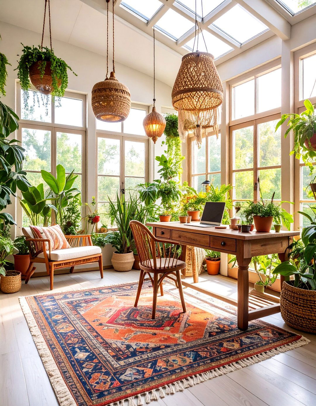 Bohemian Plant Filled Sunroom Office with Layered Textiles - 25 Sunroom Office Ideas
