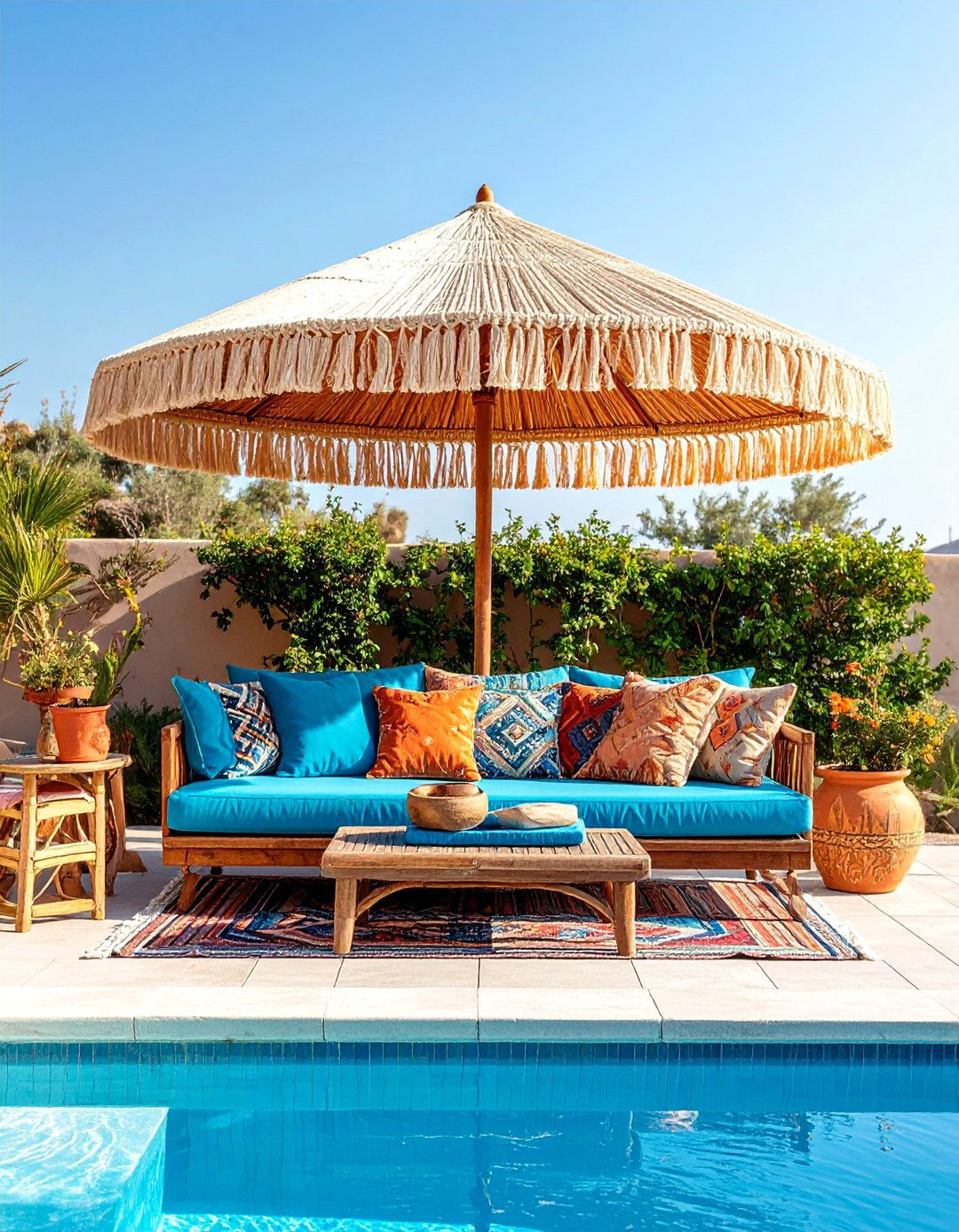 Bohemian Pool Corner with Layered Textiles - 25 Pool Furniture Ideas