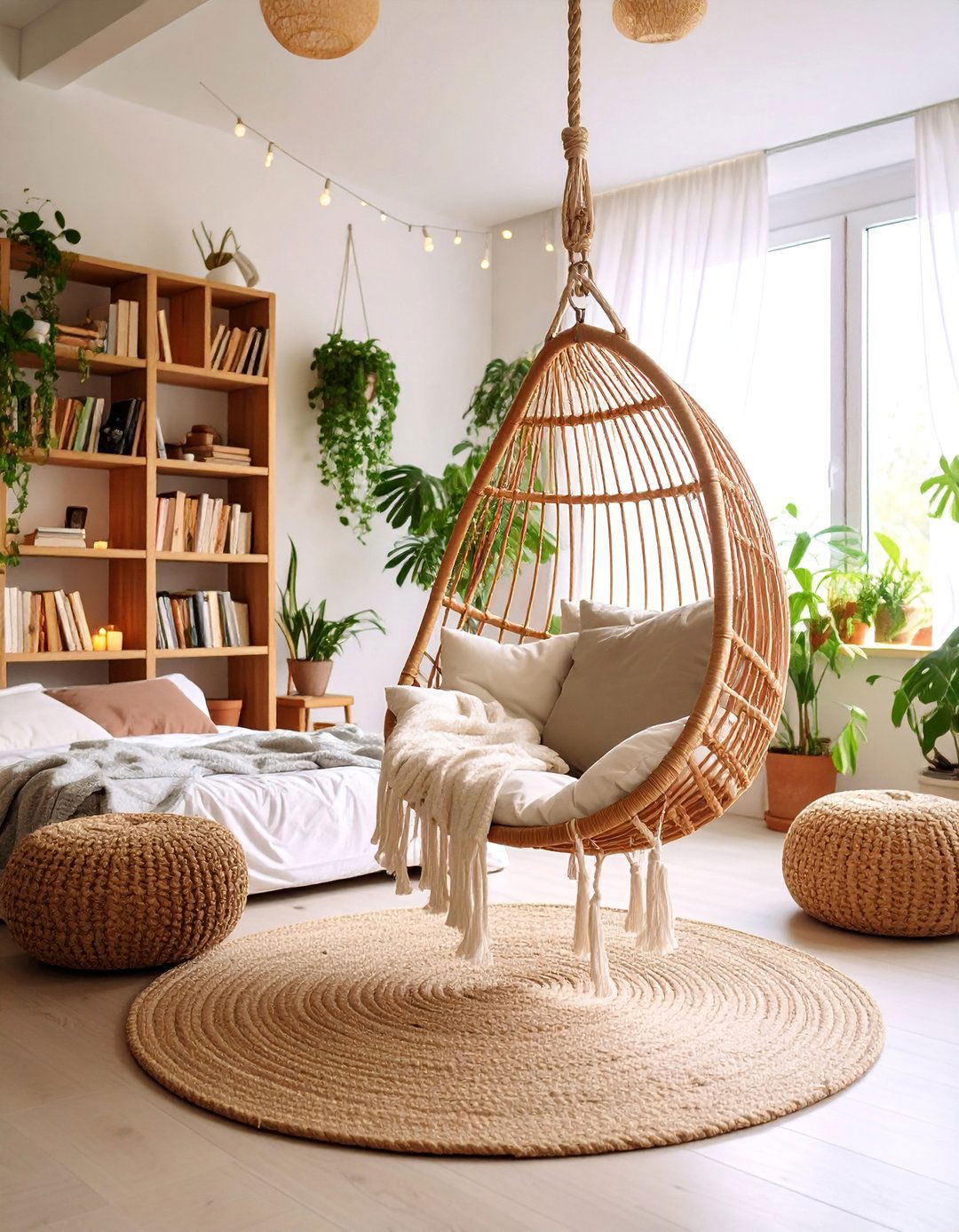 Bohemian Reading Nook Bedroom with Hanging Chair and Books - 25 Girls Boho Bedroom Ideas