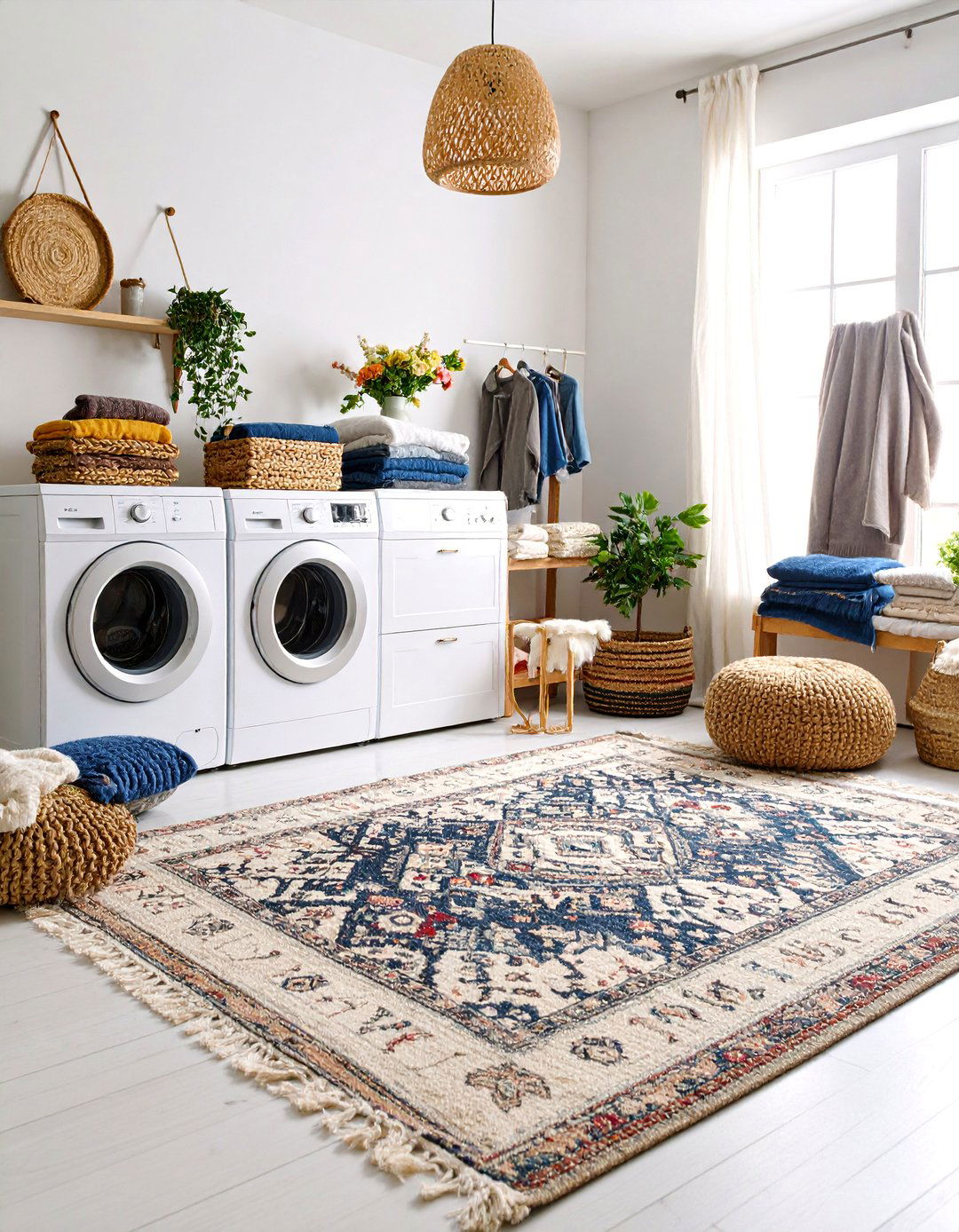 Bohemian Rug Layer Paradise - 25 Boho Laundry Room Ideas