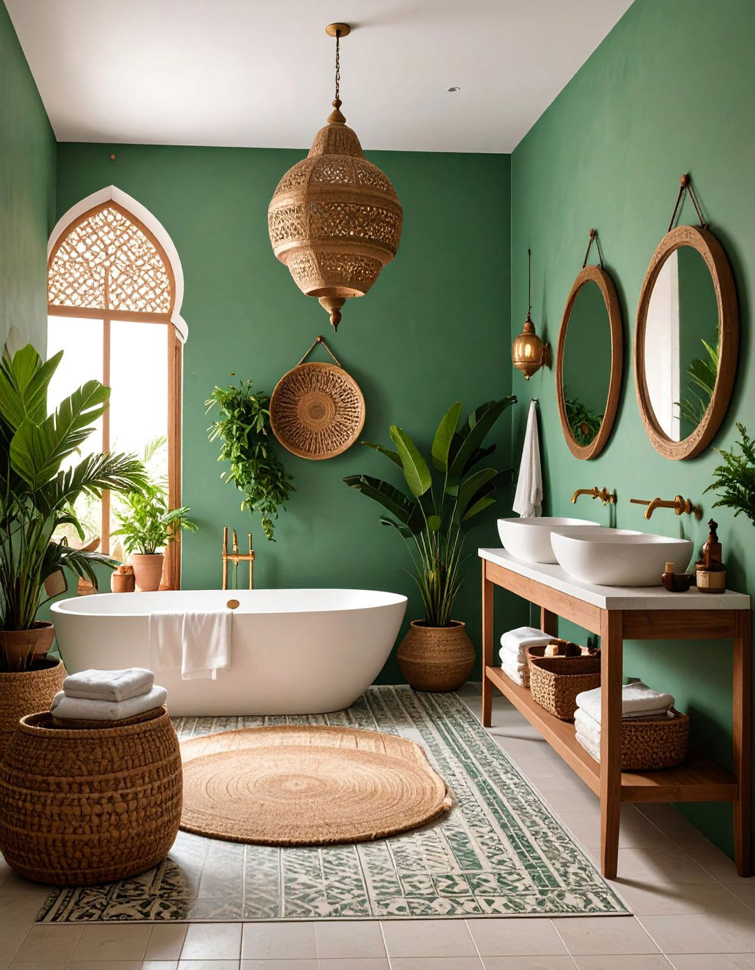 Bohemian Sage Green Bathroom with Cream Moroccan Tiles - 25 Sage Green and Cream Bathroom Ideas