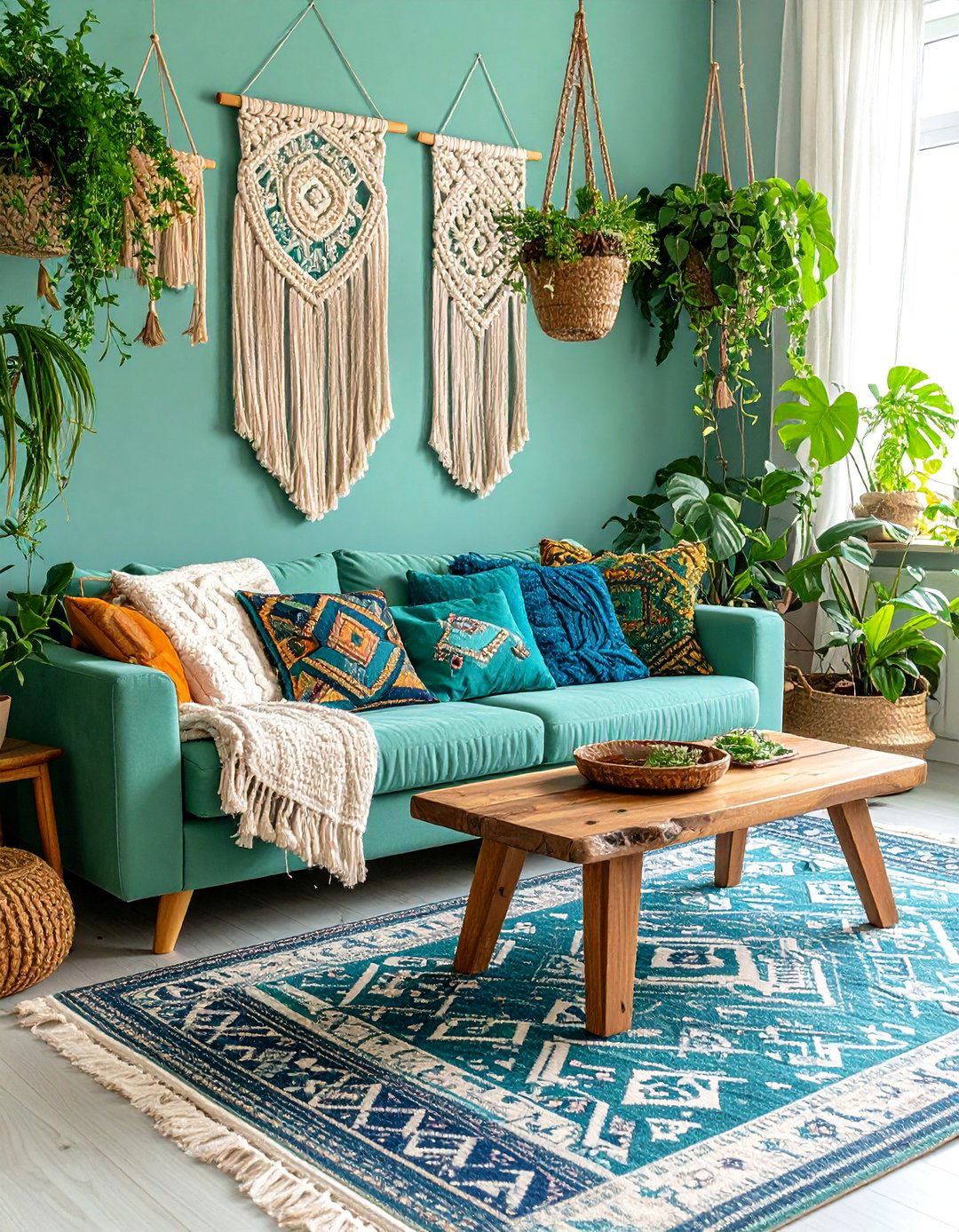 Bohemian Sage Green Couch with Layered Textiles - 25 sage green couch living room ideas