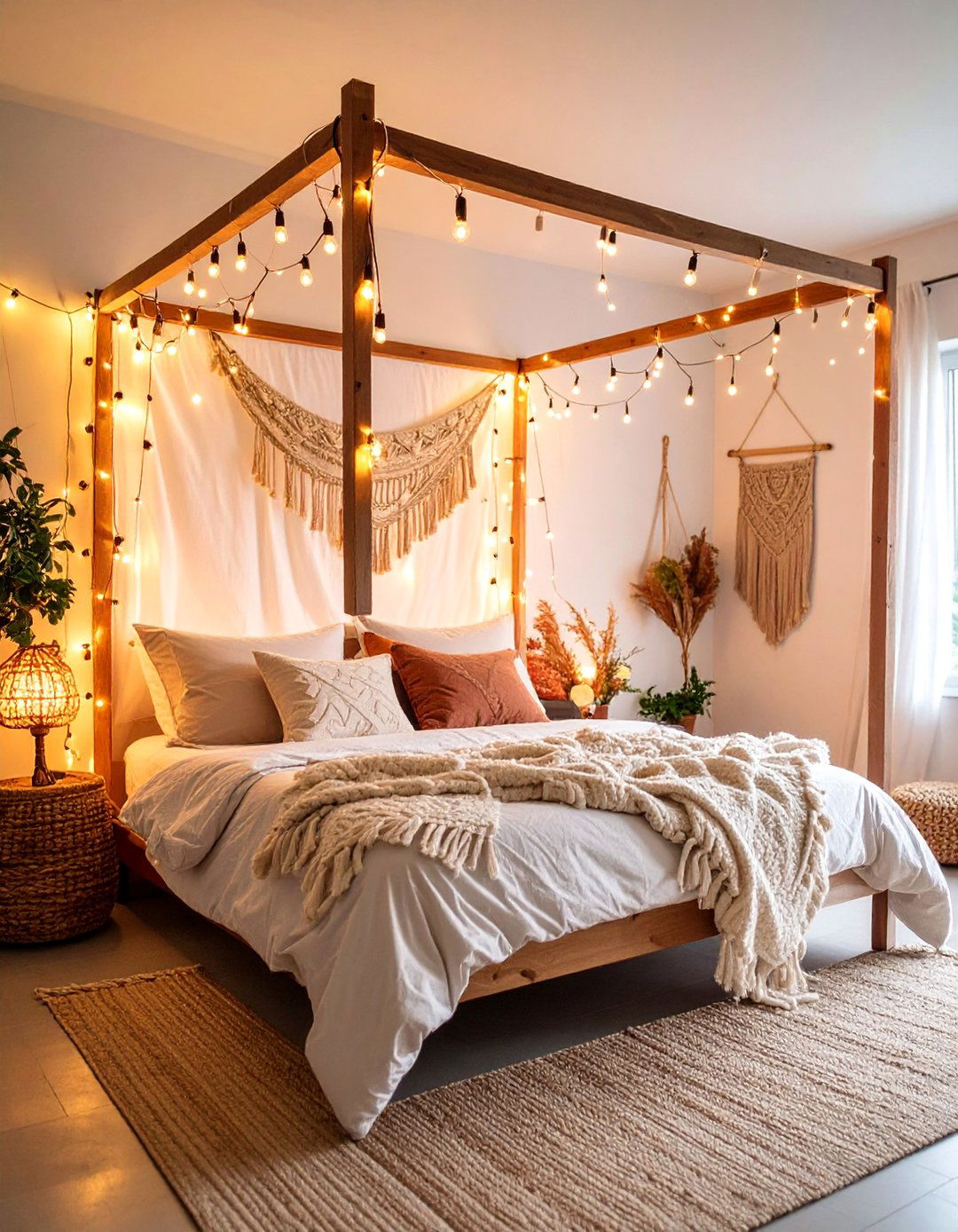 Bohemian String Light Canopy - 25 Bedroom Lighting Ideas