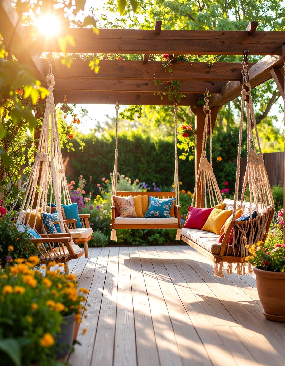 Bohemian Swing Patio with Hanging Chairs - 25 Boho Patio Ideas