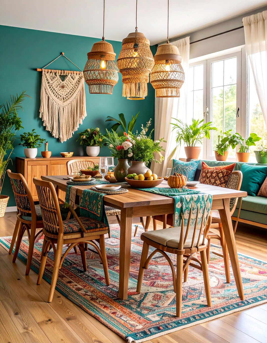 Bohemian Teal Dining Room with Global Textiles - 25 Blue Dining Room Ideas
