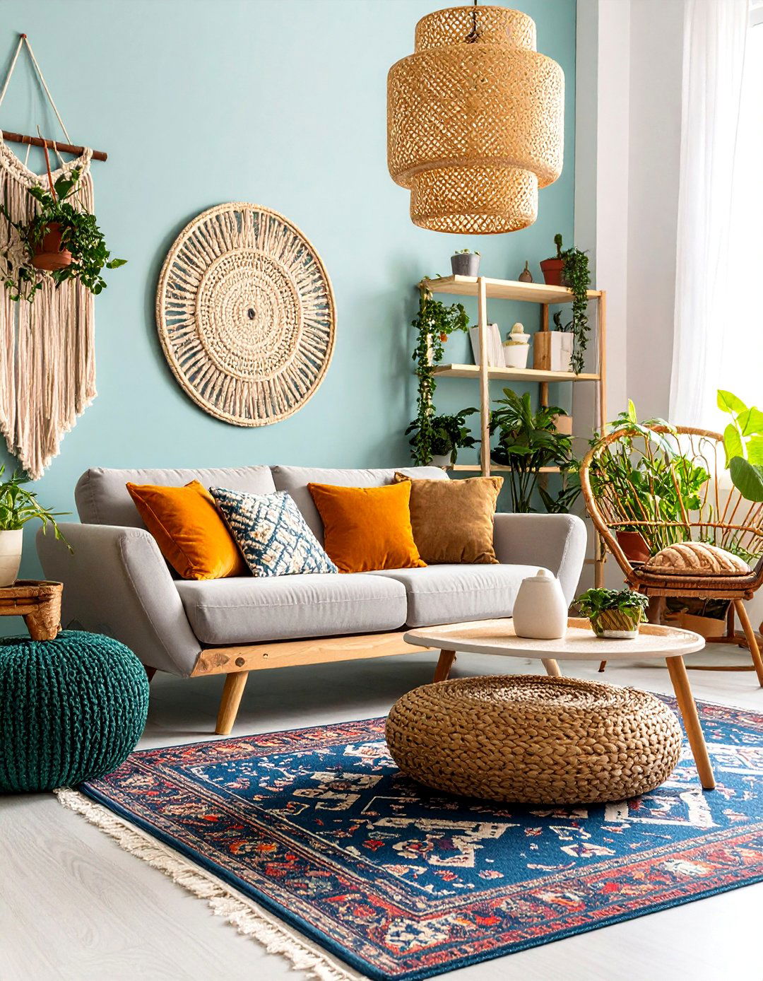 Bohemian Teal Living Room with Layered Textures - 25 Teal Living Room Ideas