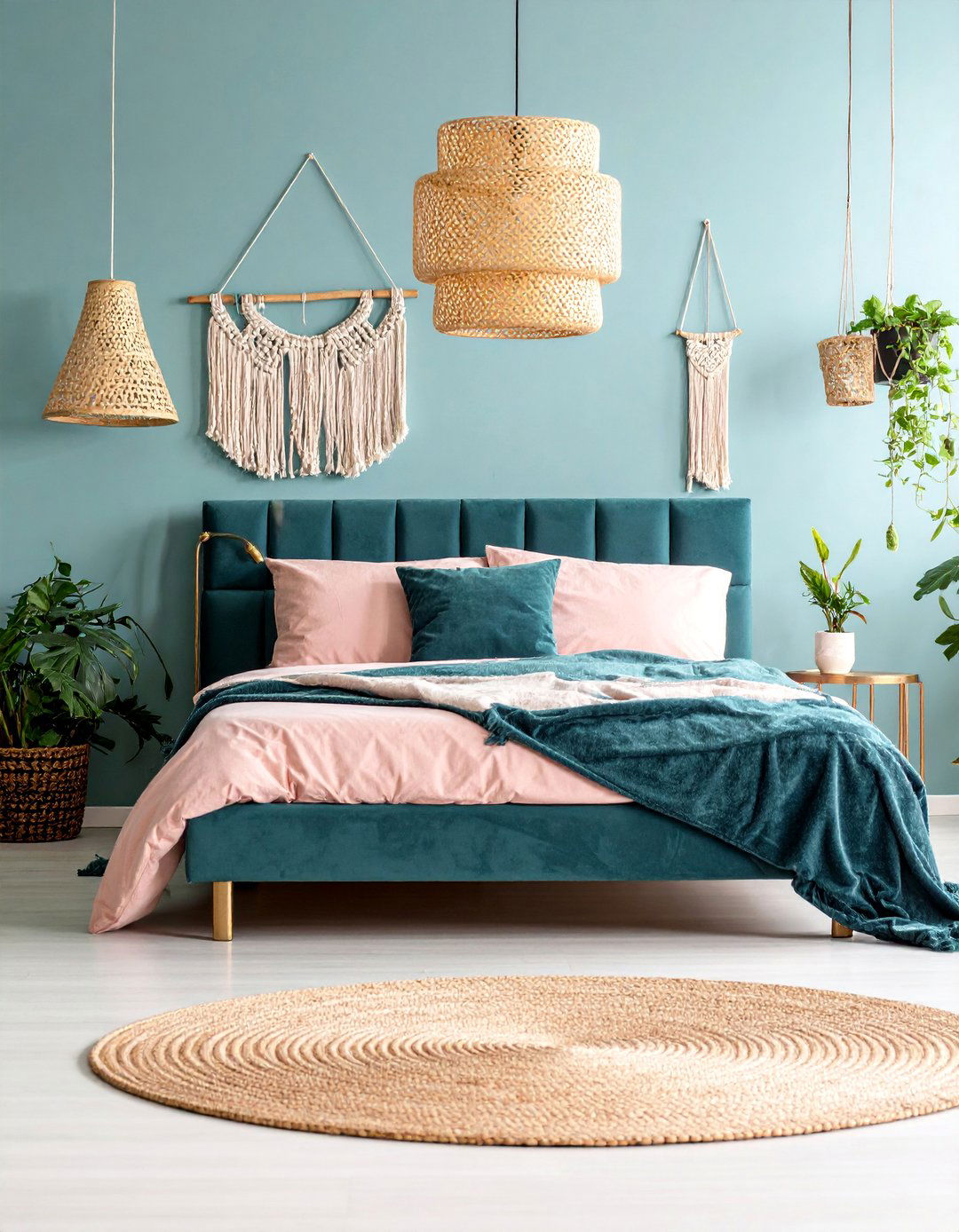 Bohemian Teal and Blush Pink Bedroom with Layered Textures - 25 Teal and Pink Bedroom Ideas